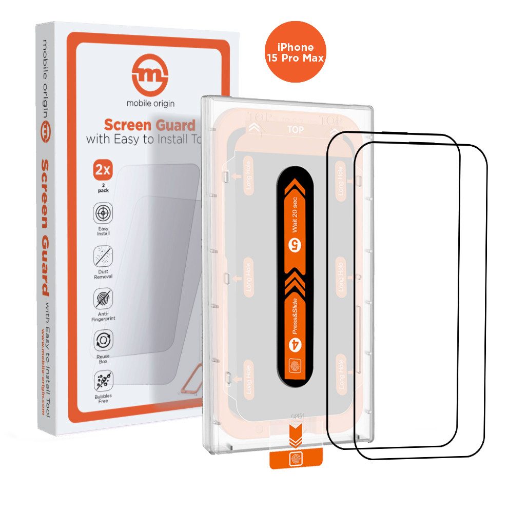 Mobile Origin Displayschutzglas 2x / 1x Panzerglas für iPhone 15 Pro Max Displayschutz Schutzglas für Apple iPhone 15 Pro Max, Displayschutz-Set, 2 Stück, 9H Hartglas, Gehärtetes Glas, Anti-Fingerabdruck, Case-Friendly