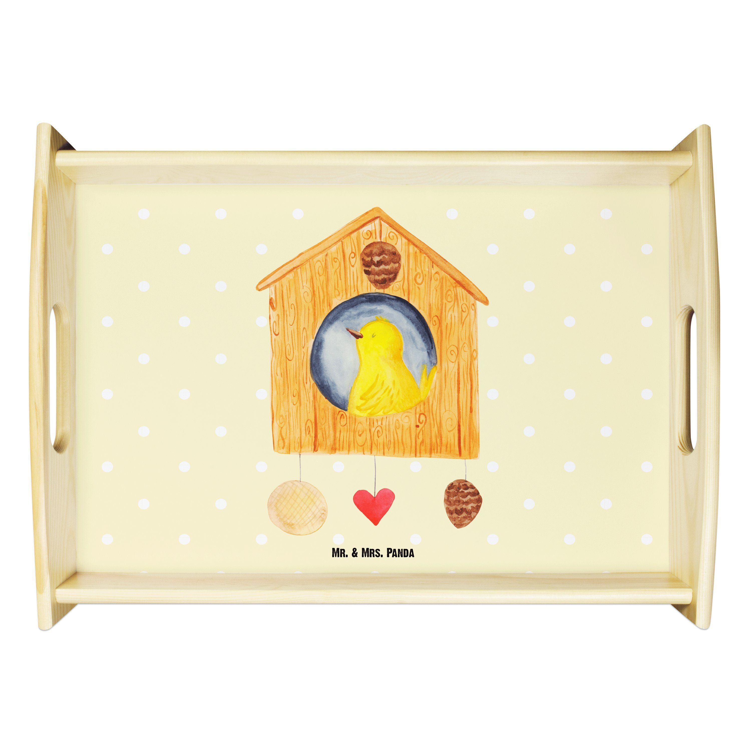 Mr. & Mrs. Panda Tablett Vogelhaus sweet Home - Gelb Pastell - Geschenk, Küchentablett, Frühst, Echtholz lasiert, (1-tlg)