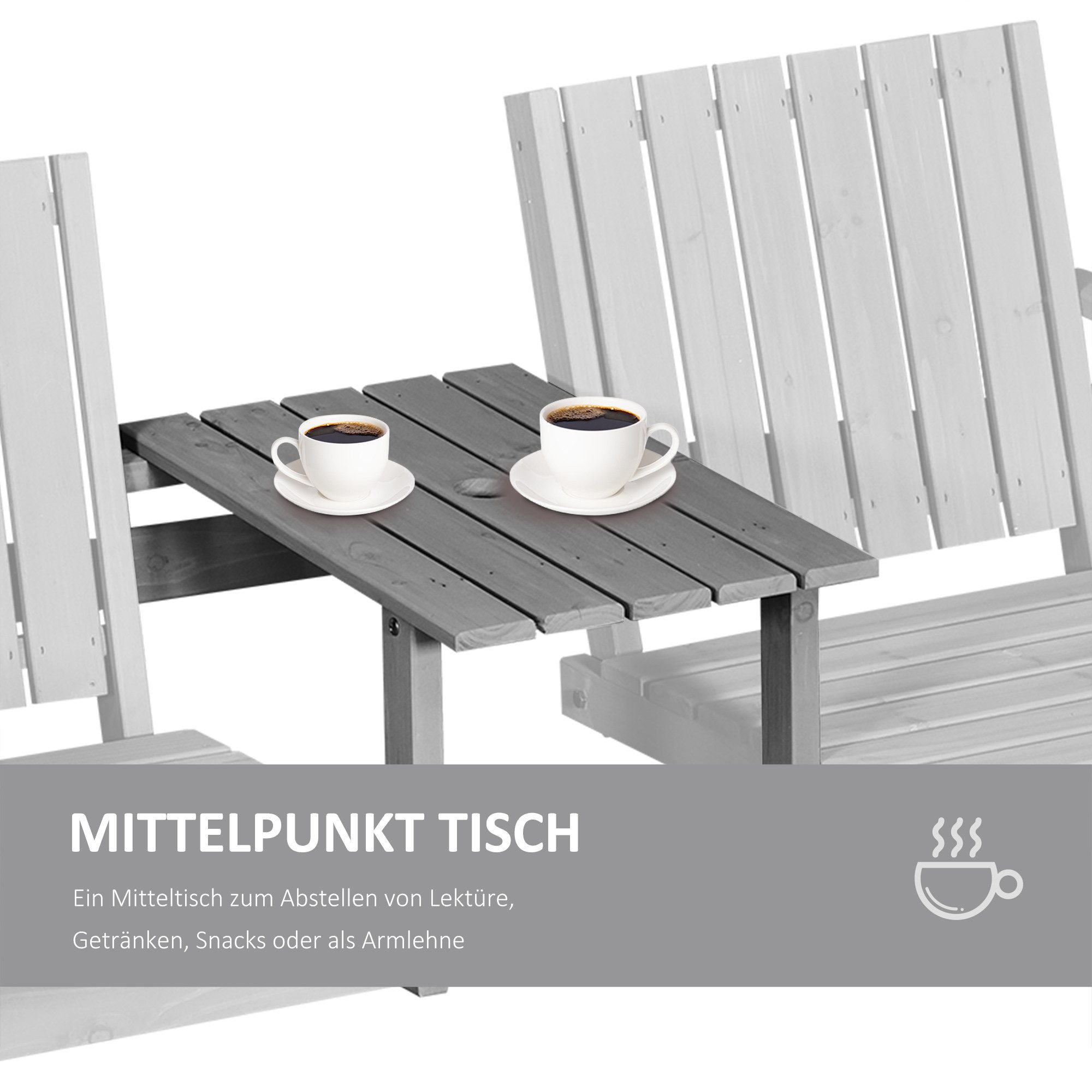 CHICFURN Gartenbank Sitzgruppe aus massivem Holz, Grau, mit 2 Stühlen (Packung, 1-St., Mit Verbindungstisch und Regenschirmöffnung), 152 x 70 x 83 cm, geeignet für Terrasse und Garten