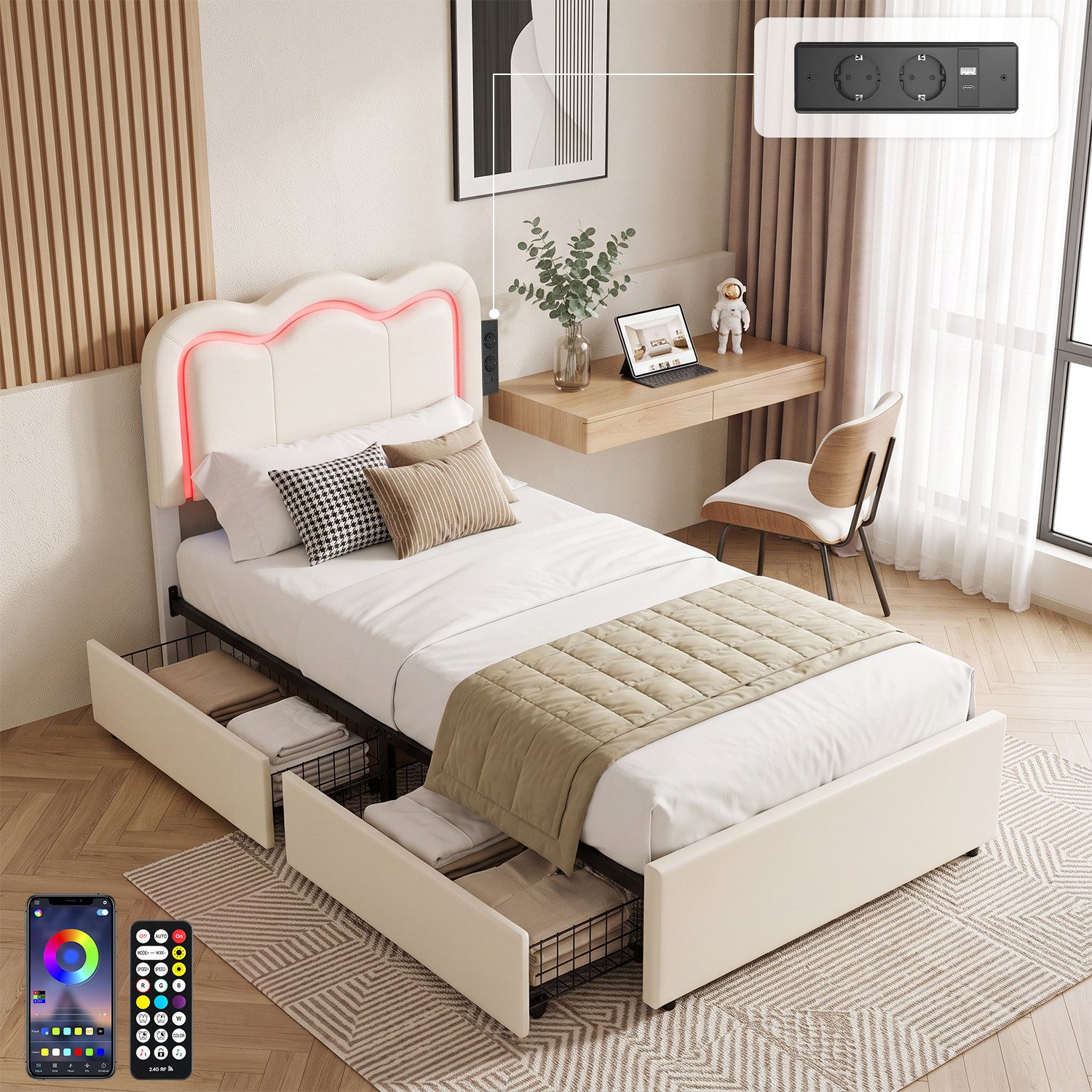 oyajia Polsterbett Kinderbett Jugendbett, Ladestation & LED-Beleuchtung,PU-Kunstleder (Kopfteil hochstellbar, 4 Schubladen), Modernes Jugendbett, Leises Design Bett, Max. Belastbarkeit 350 kg