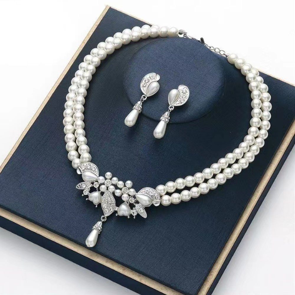 Hochzeits, Halskette für Schmuckset Perlen-Set Geeignet Dinnerpartys AUzzO~ Ohrclips Ohrringe,Damenschmuck Brautschmuck-Set 2-tlg