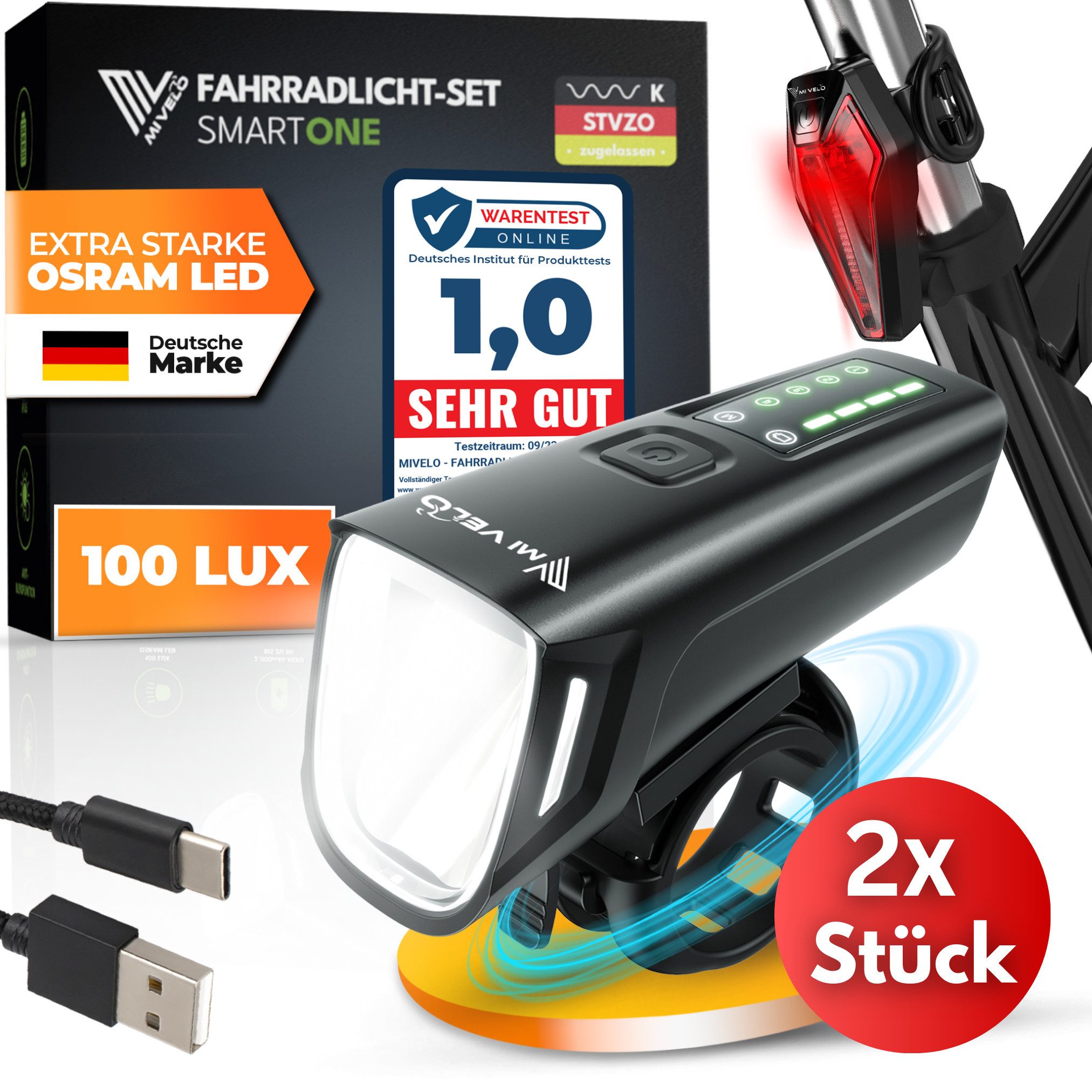 MIVELO Fahrradbeleuchtung SMART Fahrradlicht Set LED 100 LUX - Akku USB aufladbar