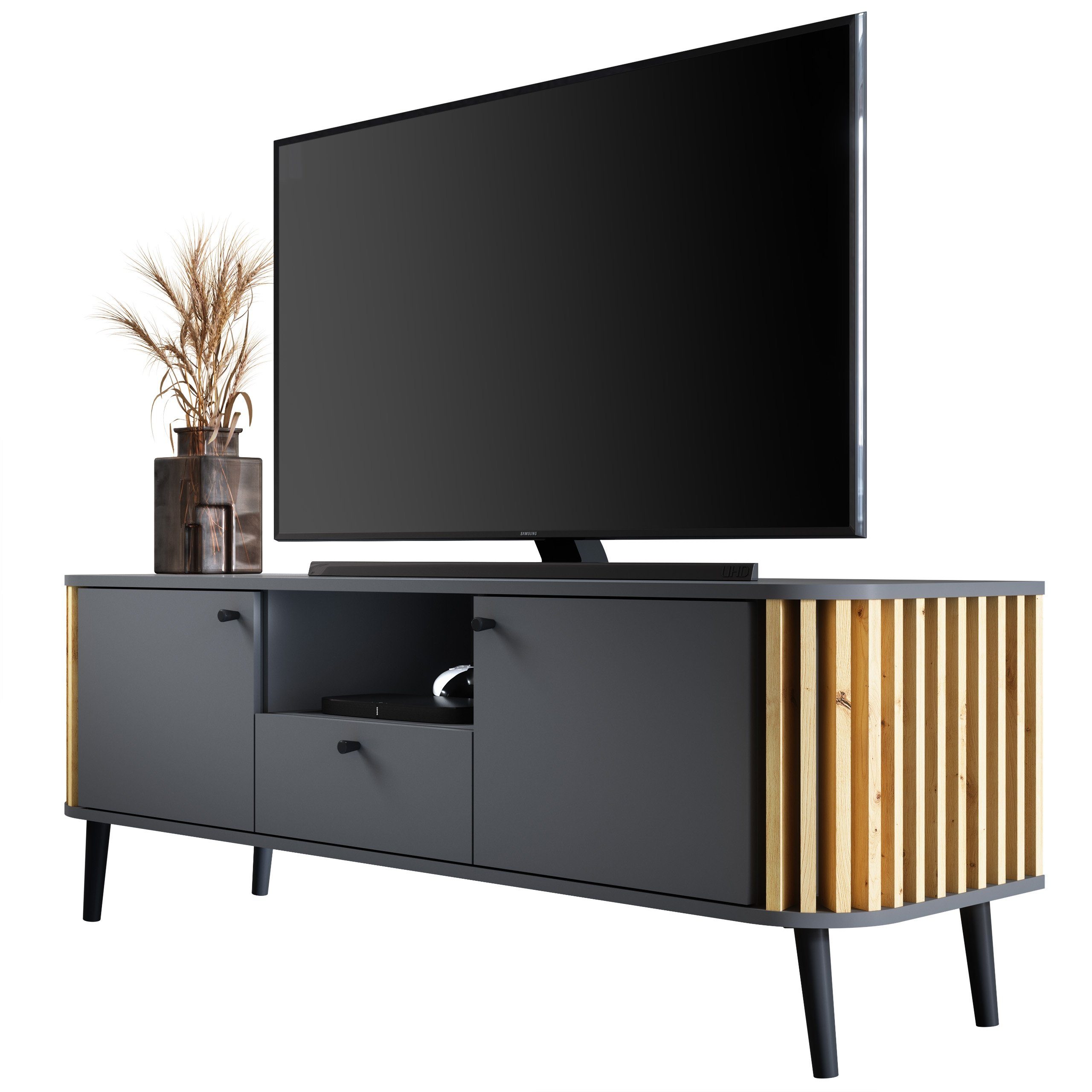 Newroom Lowboard Zak, Grau TV Board Wandpaneel Modern TV Schrank Fernsehtisch Wohnzimmer