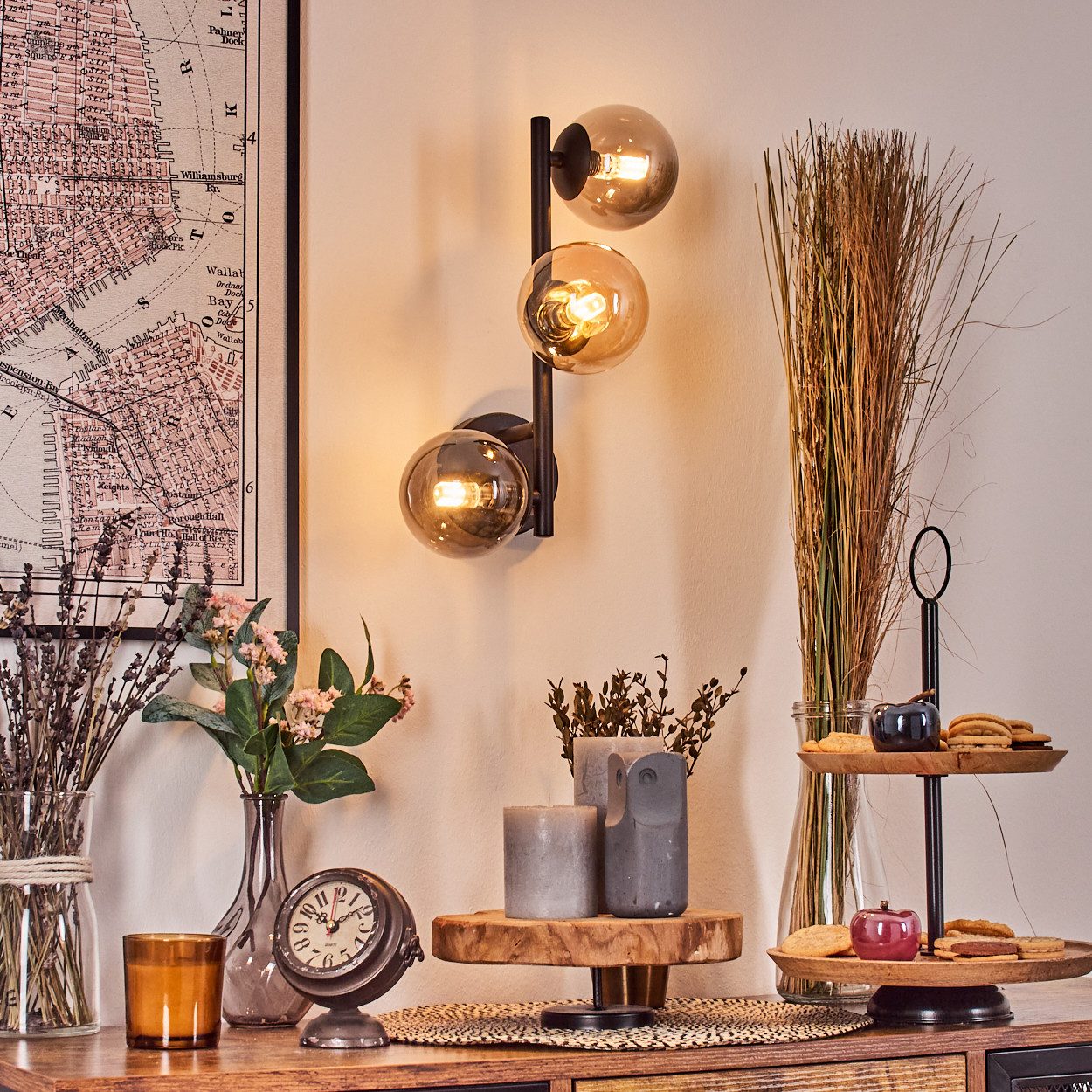 hofstein Wandleuchte Wandlampe aus Metall/Glas in Schwarz/Rauch-/Bernsteinfarben, ohne Leuchtmittel, moderne Wandleuchte im Retro/Vintage-Design (Schirme 10 cm), G9