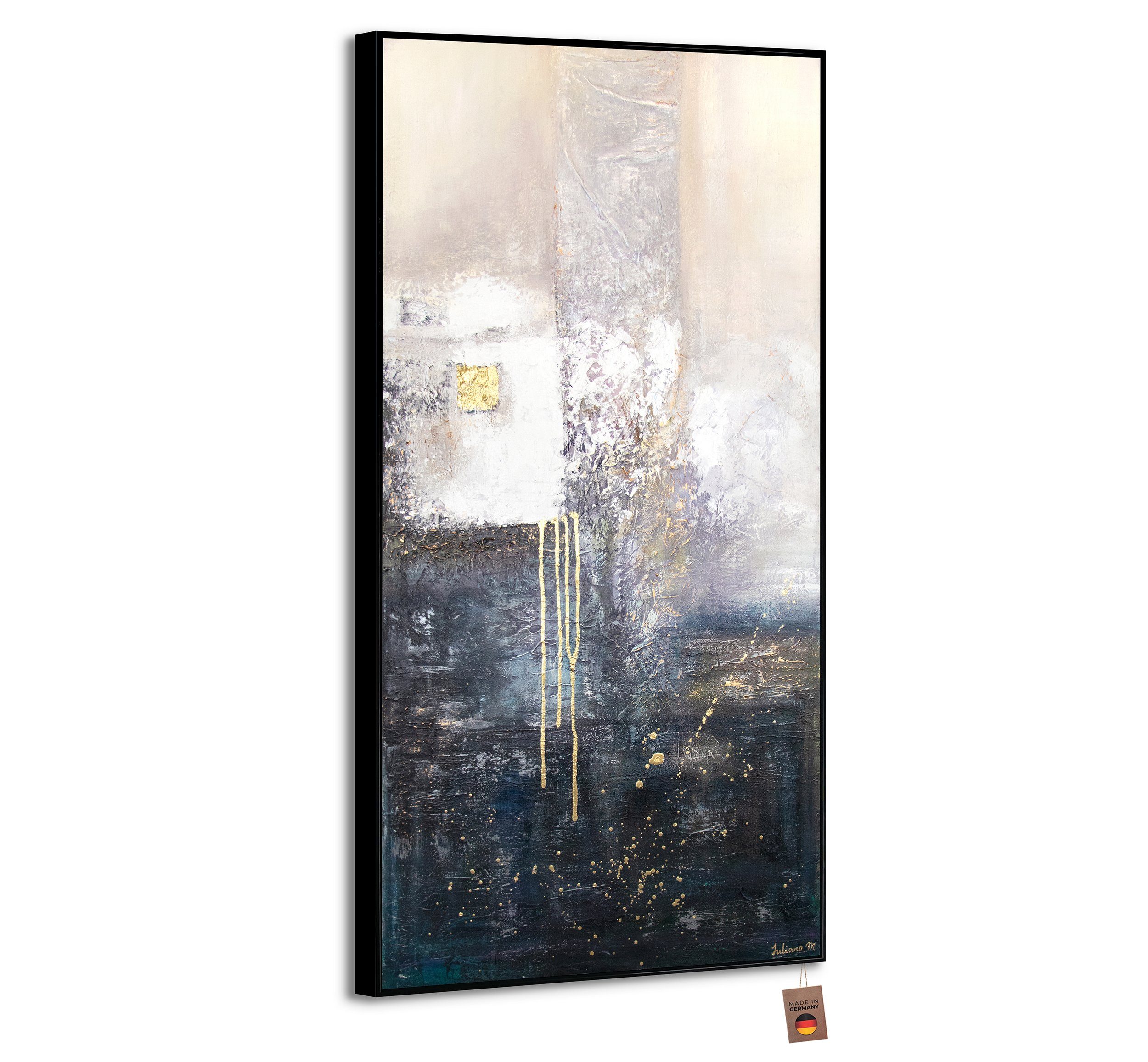 YS-Art Gemälde Fragmente, Abstrakt, Abstraktes auf Leinwand Bild Handgemalt Blau Weiß Gold Mit Rahmen in Schwarz