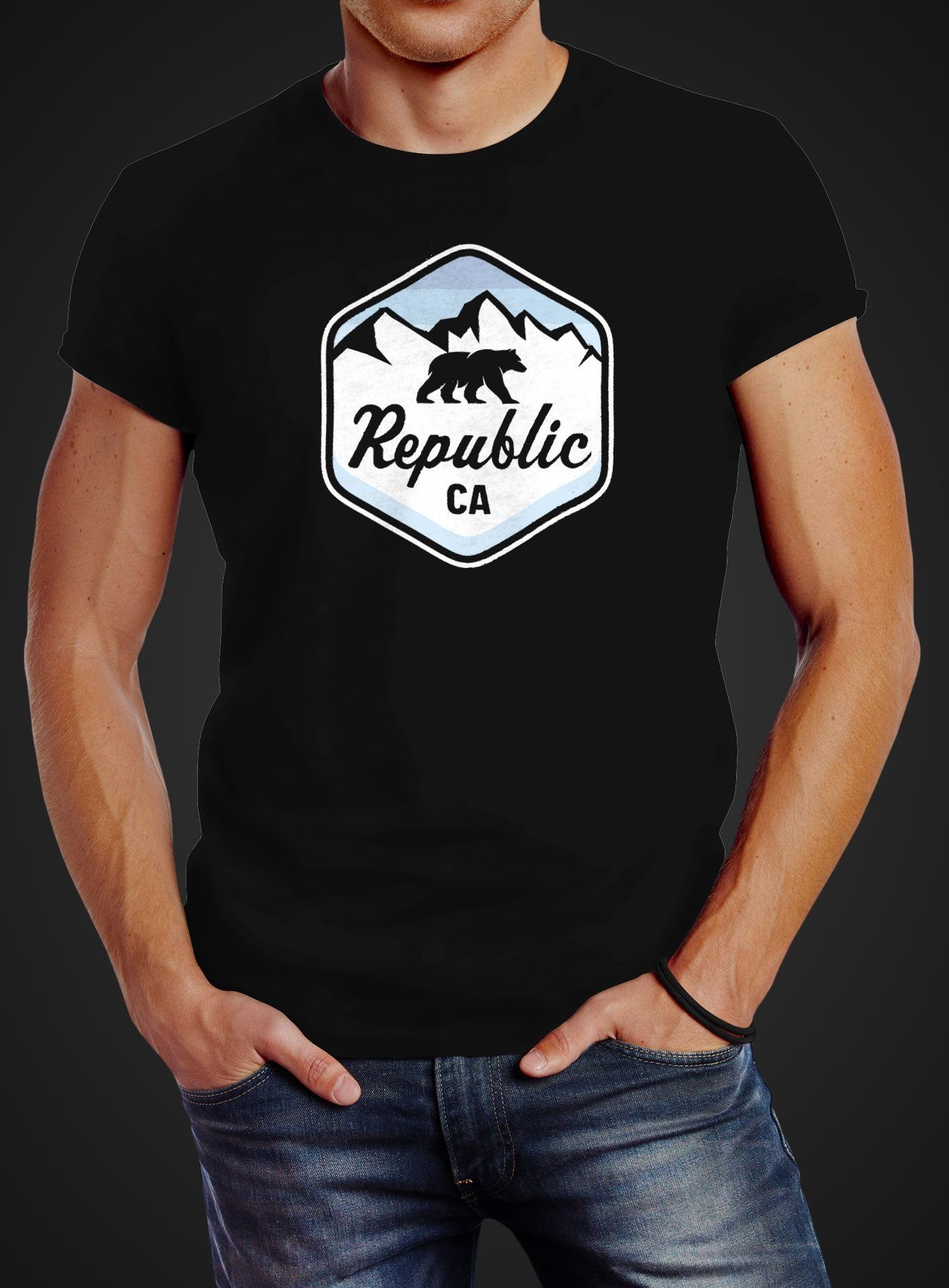 T-Shirt Republic Wappen Streetstyle Print Fashion mit California Print-Shirt Bär Neverless Neverless® Berge Herren