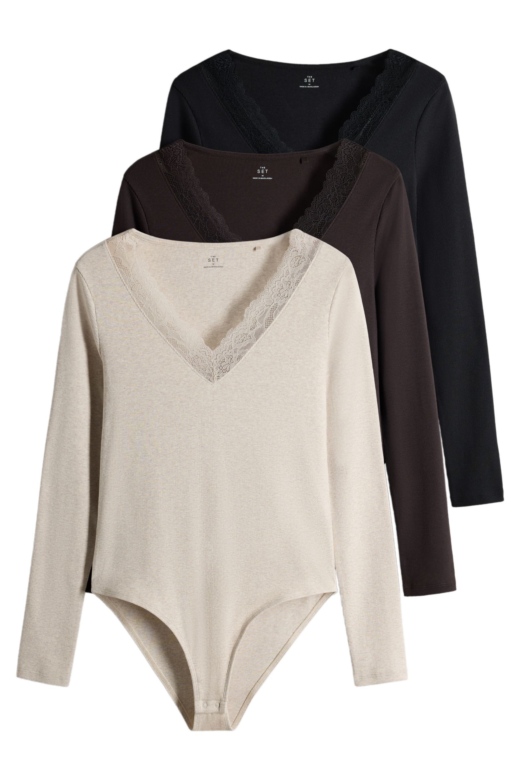 The Set Langarmbody The Set Gerippte Bodys mit V-Ausschnitt und (3-tlg)