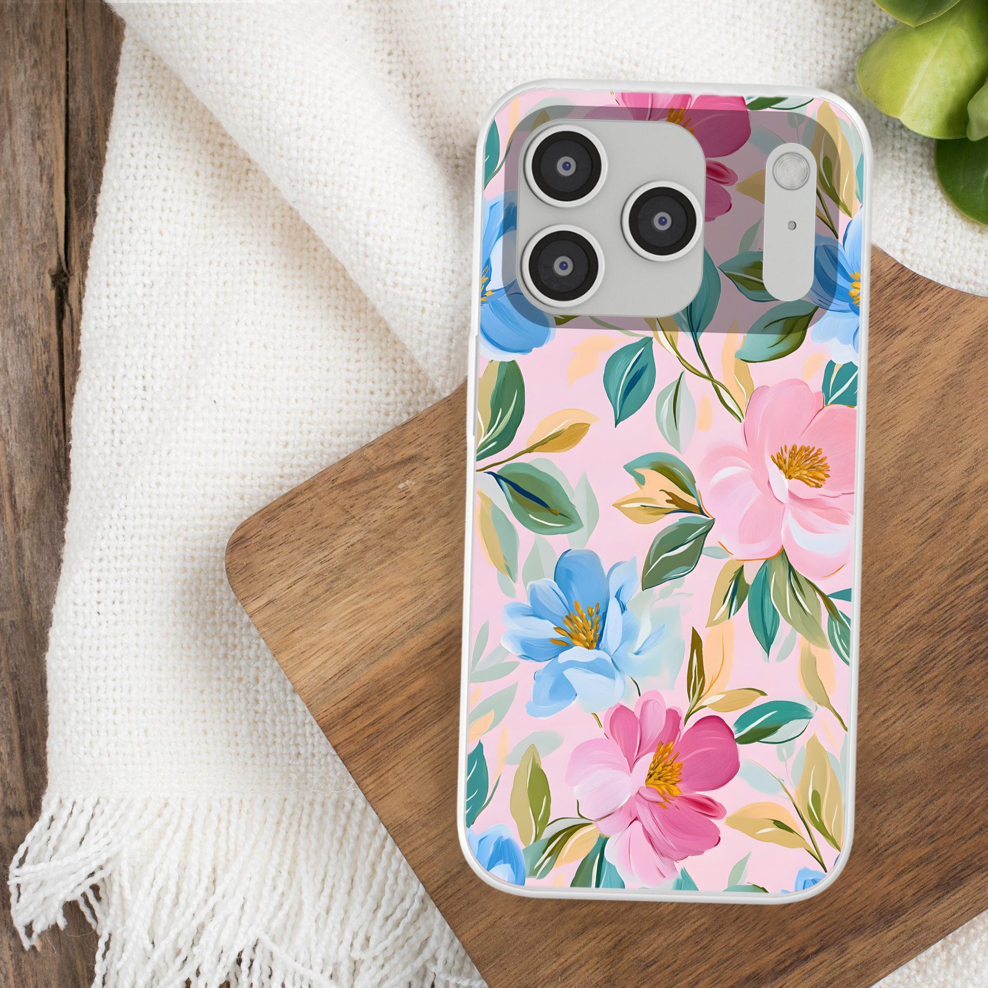 MuchoWow Handyhülle für Apple iPhone 17 Pro Blau - Rosa - Blumen, Smartphone-Bumper, Print, Handy Schutzhülle Dünn