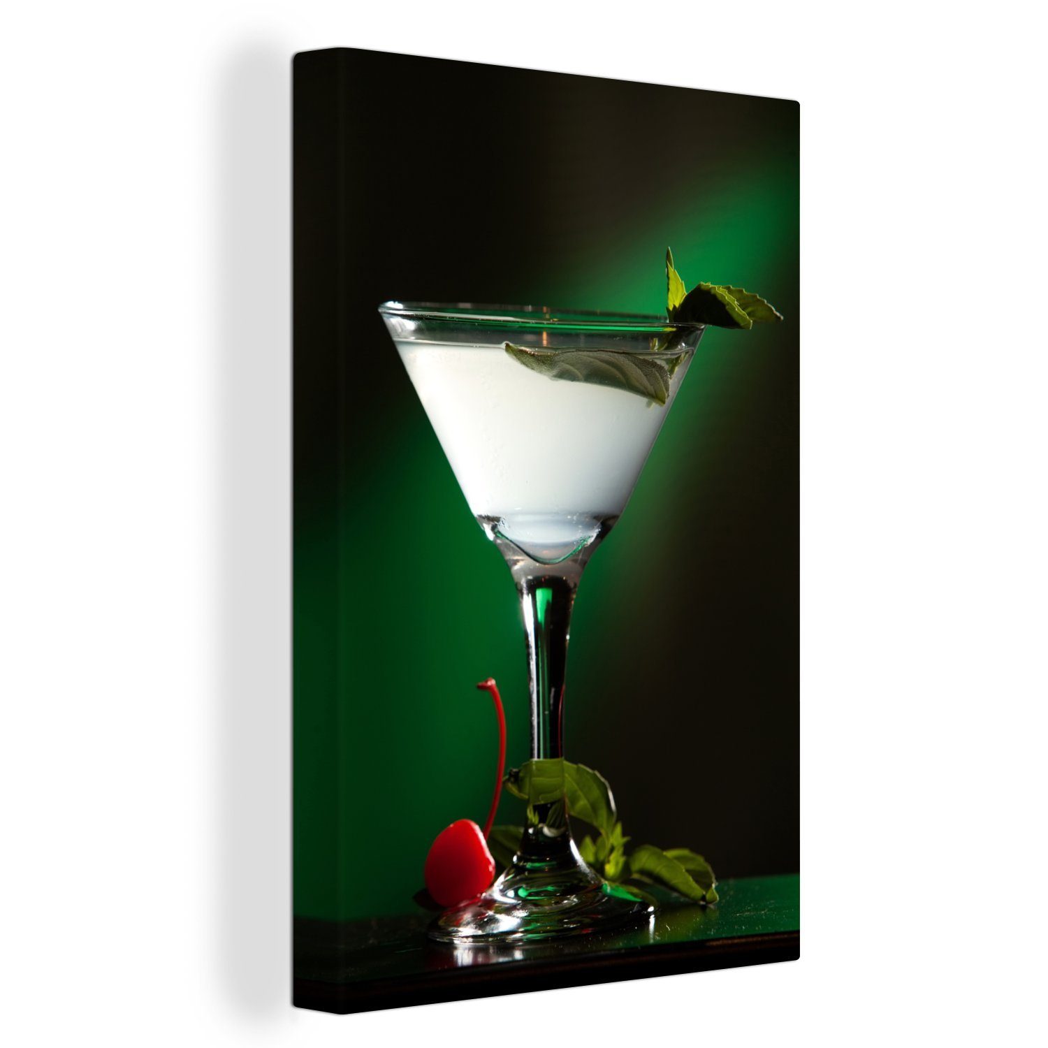 OneMillionCanvasses® Leinwandbild Martini-Cocktail mit Minzblättern auf grünem Hintergrund, (1 St), Leinwandbild fertig bespannt inkl. Zackenaufhänger, Gemälde, 20x30 cm