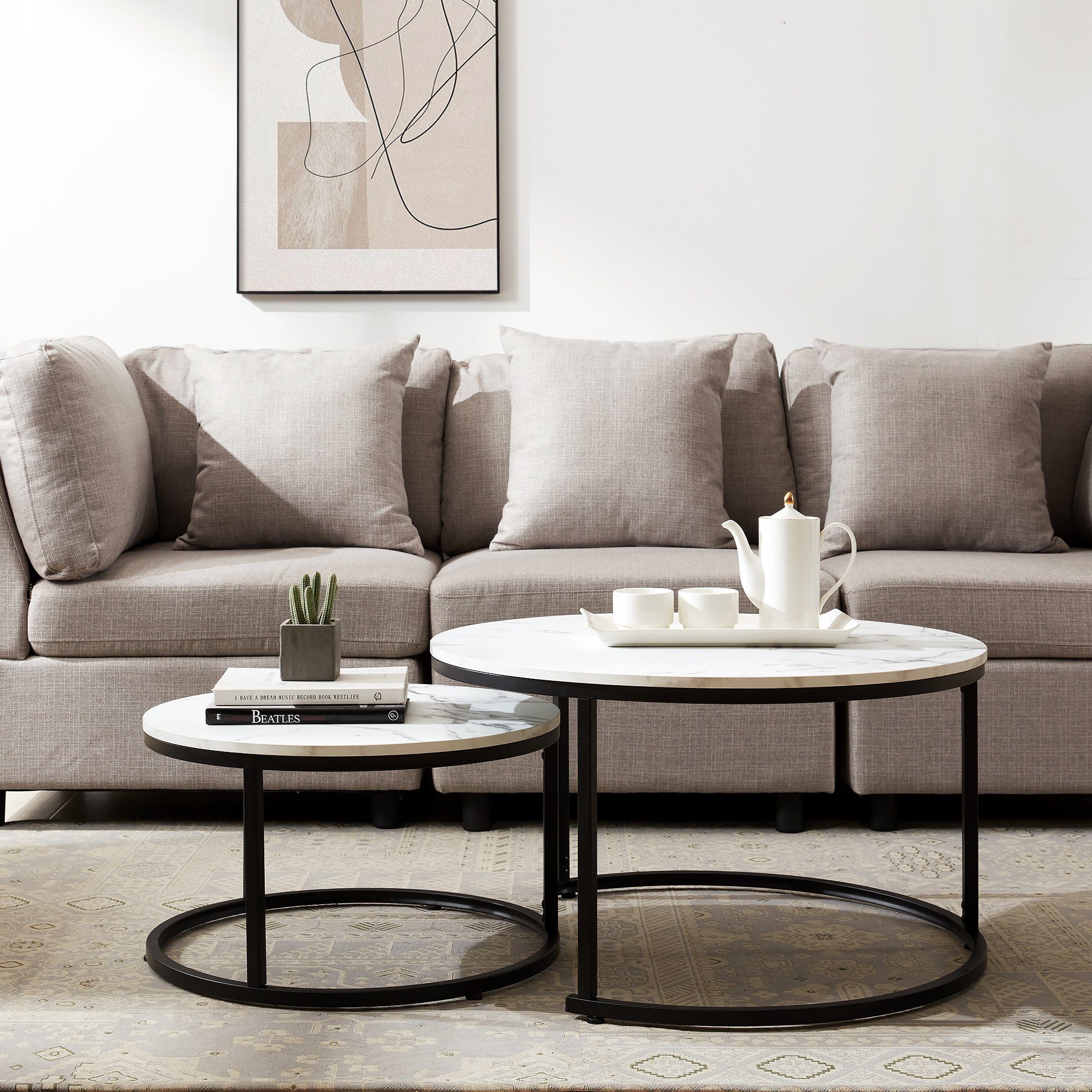 HomeGuru Couchtisch rund, Satztische 2 St., Marmormuster, Sintergestein, modernes Design (2-St., Set)