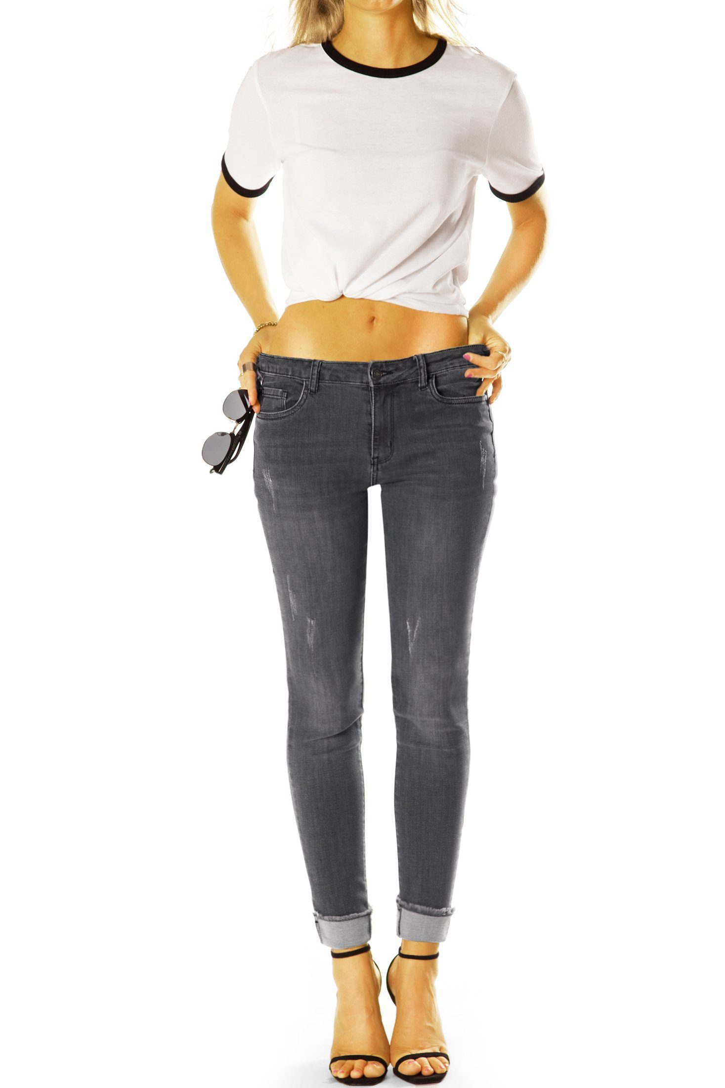 be styled Destroyed-Jeans Medium Waist Slim Fit Röhrenjeans Skinny Stretch Hose - Damen - j21L-2 ausgefranster Saum