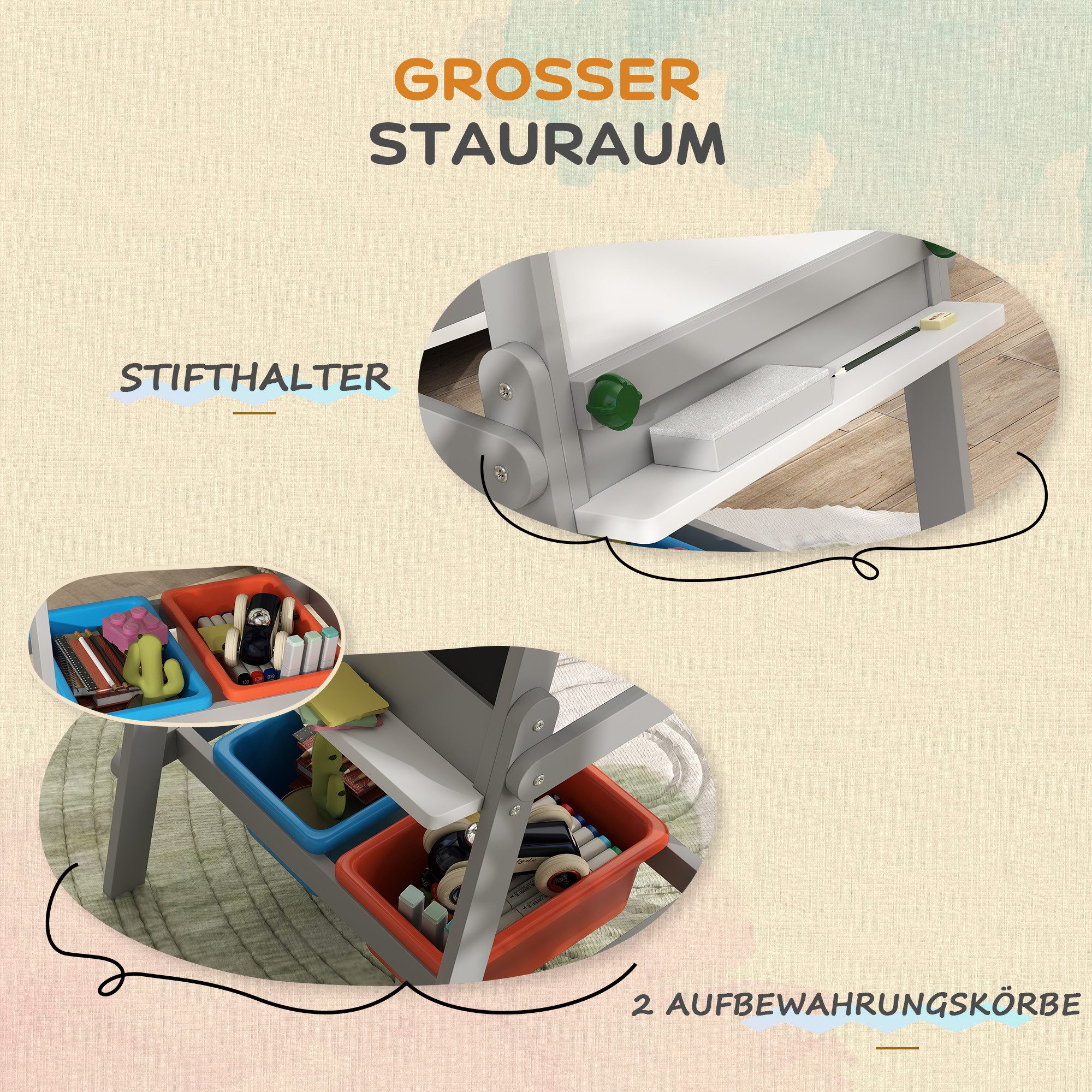 AIYAPLAY Tafel Kreidetafel Radiergummi Zeichenpapier Standtafel, (Kinder Staffelei, 1-tlg., Kindertafel), für Kinder 3-8 Jahre, Grau – Bild 5 von 5