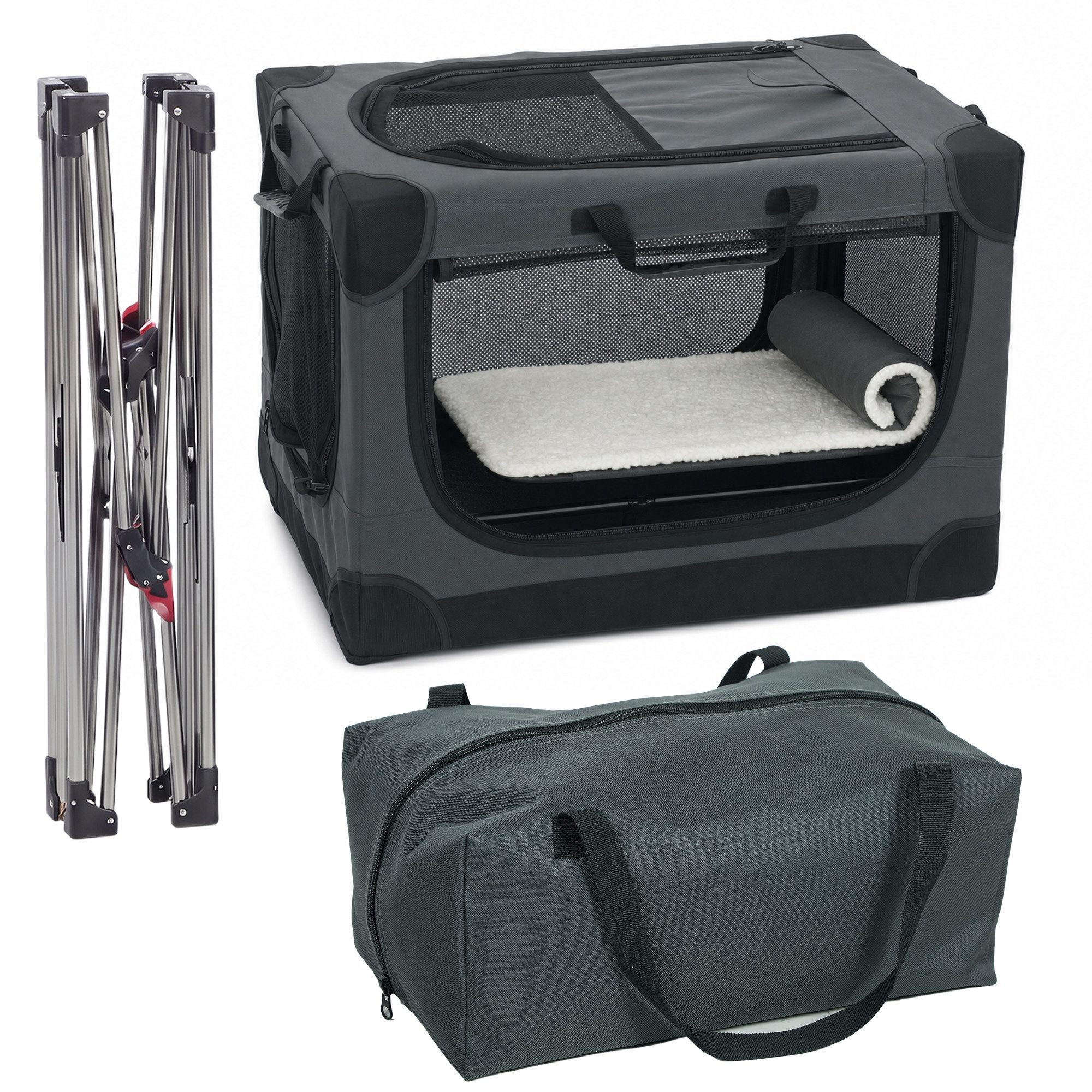 PawHut Tiertransportbox Hundebox faltbar 60x42x43cm Hundetransportbox mit Kissen bis 4 kg, Transportbox aus 600D Oxford-Gewebe für Reise & Auto Armeegrün