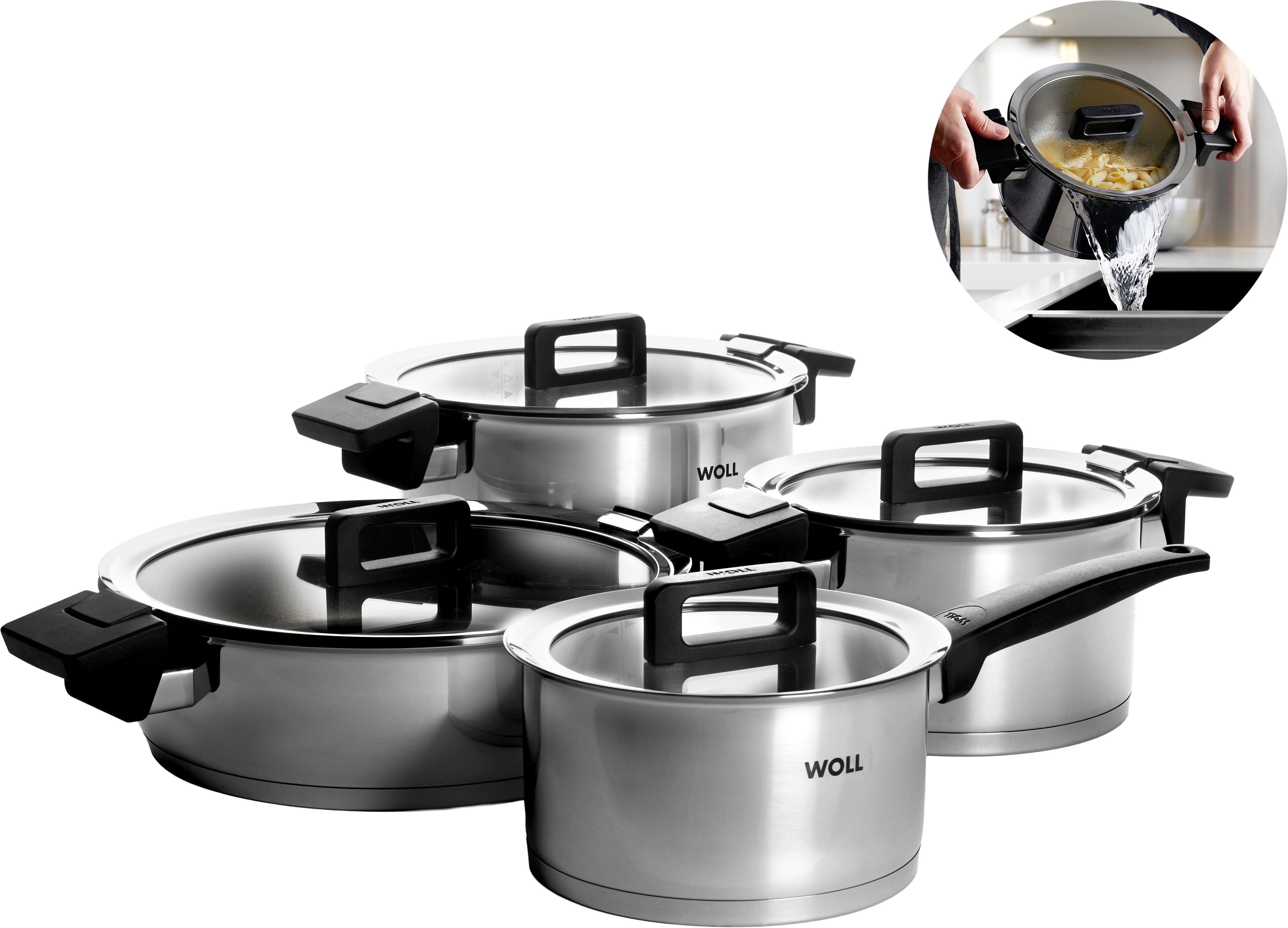 WOLL Topf-Set Concept, Edelstahl 18/10 (Set, 8-tlg., 1 Stieltopf 18 cm, je 1 Kochtopf 20/24 cm, 1 Bratentopf 28 cm), für Induktion