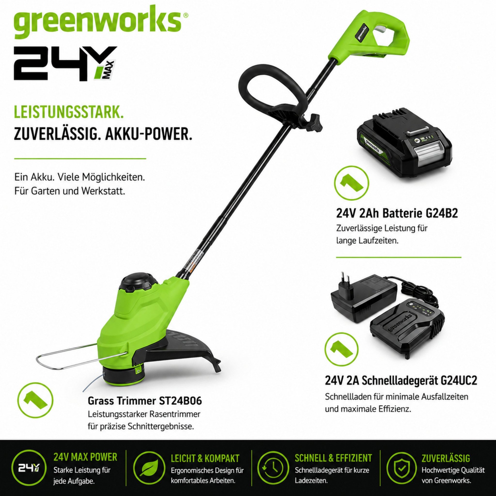 Greenworks Akku-Rasentrimmer Elektro-Rasentrimmer Akku Freischneider 24V 2000 mAh Akku & Ladegerät, 25 cm Arbeitsbreite Messer, 25 cm Schnittbreite, TorqDrive™ Motor für Gärten Rasenflächen outdoor