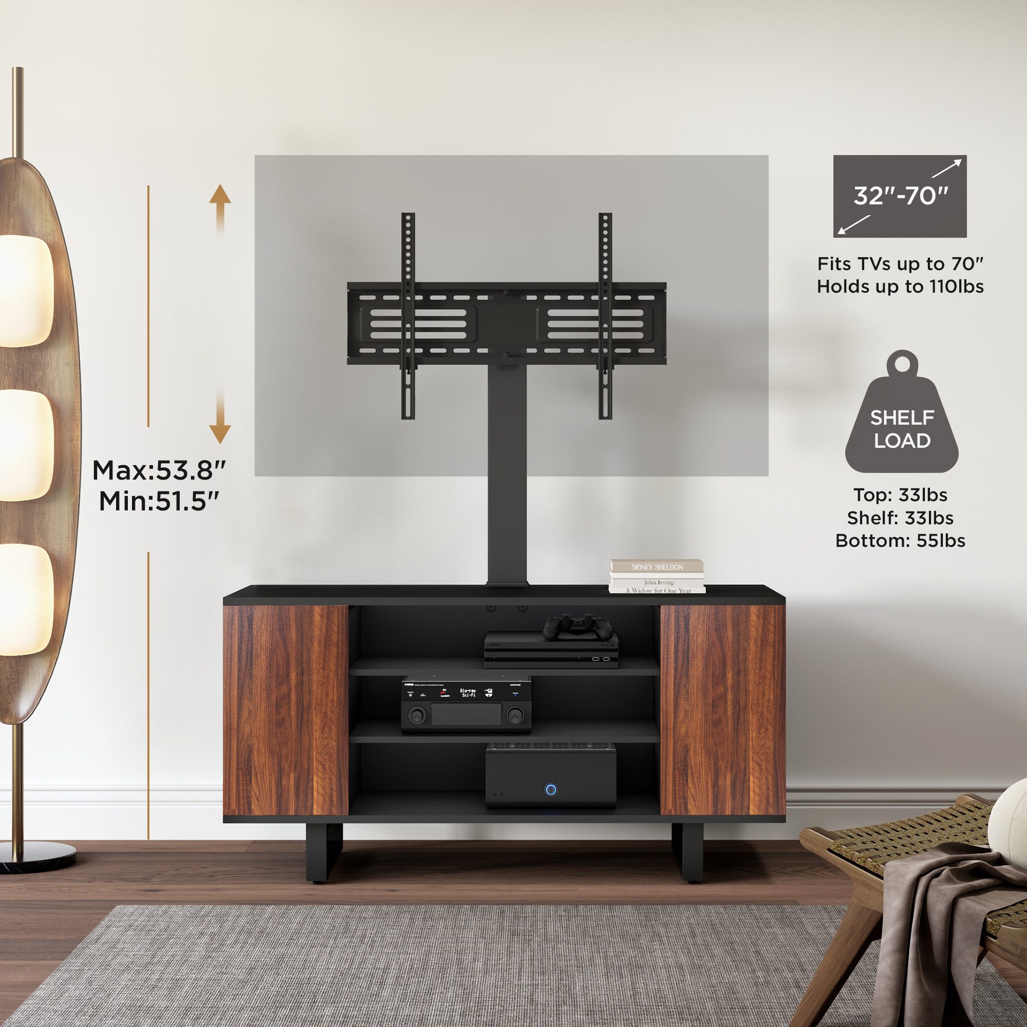 FITUEYES TV-Ständer mit Stauraumschrank, ±25° schwenkbar, 32-70 Zoll, (bis 70,00 Zoll, höhenverstellbar) – Bild 4 von 5