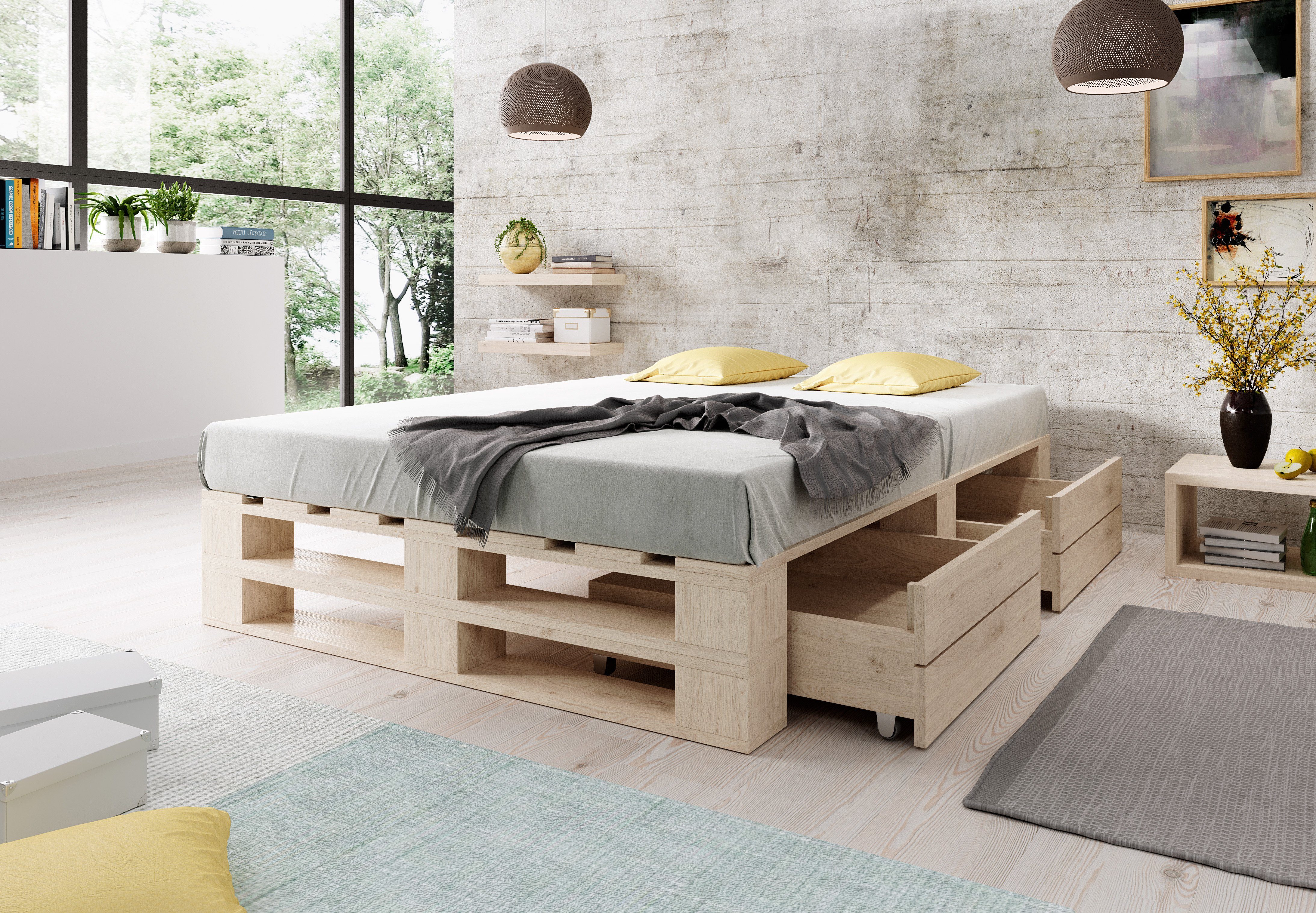sunnypillow Palettenbett M2 aus Holz mit Lattenrost und 2 Bettkästen, 140 x günstig online kaufen
