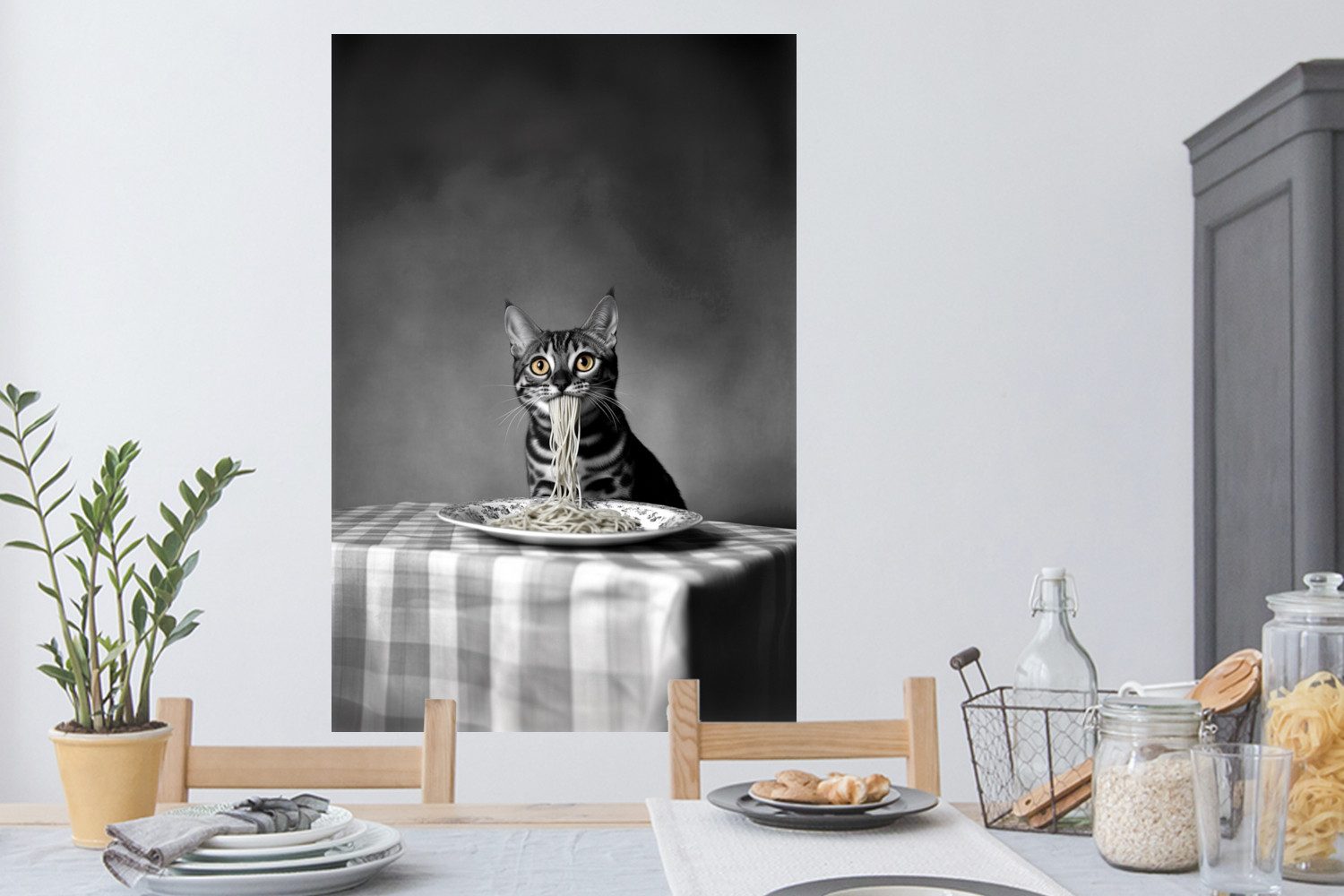 MuchoWow Wandsticker Bengalisch - Katze - Tischtuch - Schwarz - Weiß - Tier (1 St), Wanddeko, Aufkleber, Wandtattoo, 80x120 cm