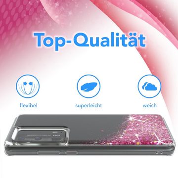 EAZY CASE Handyhülle Liquid Glittery Case für Huawei P40 Pro Plus 6,58 Zoll, Glitzerhülle Shiny Slimcover stoßfest Durchsichtig Bumper Case Pink