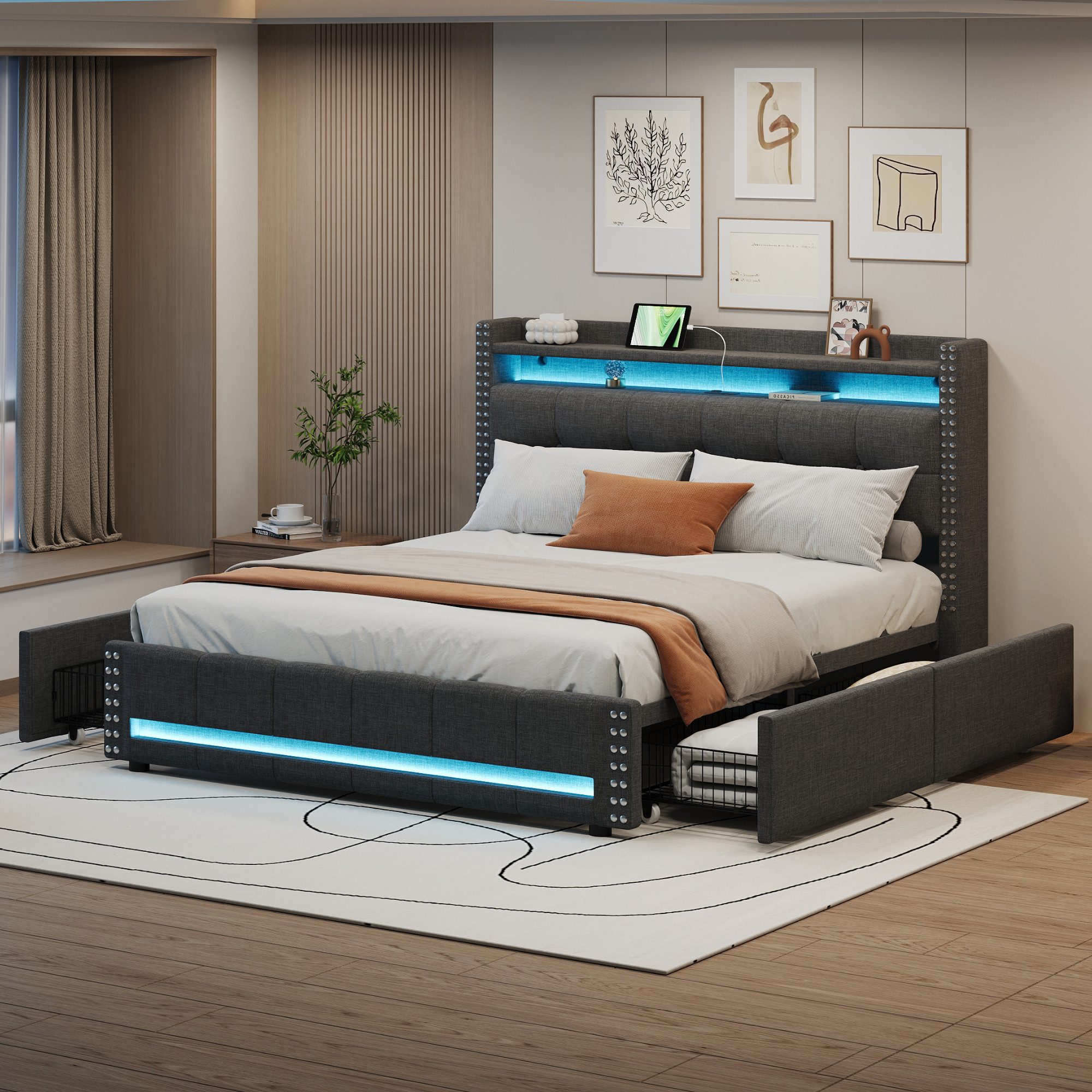 Flieks Polsterbett, LED Stauraumbett Doppelbett 160x200cm mit USB-Aufladen + 4 Schubladen