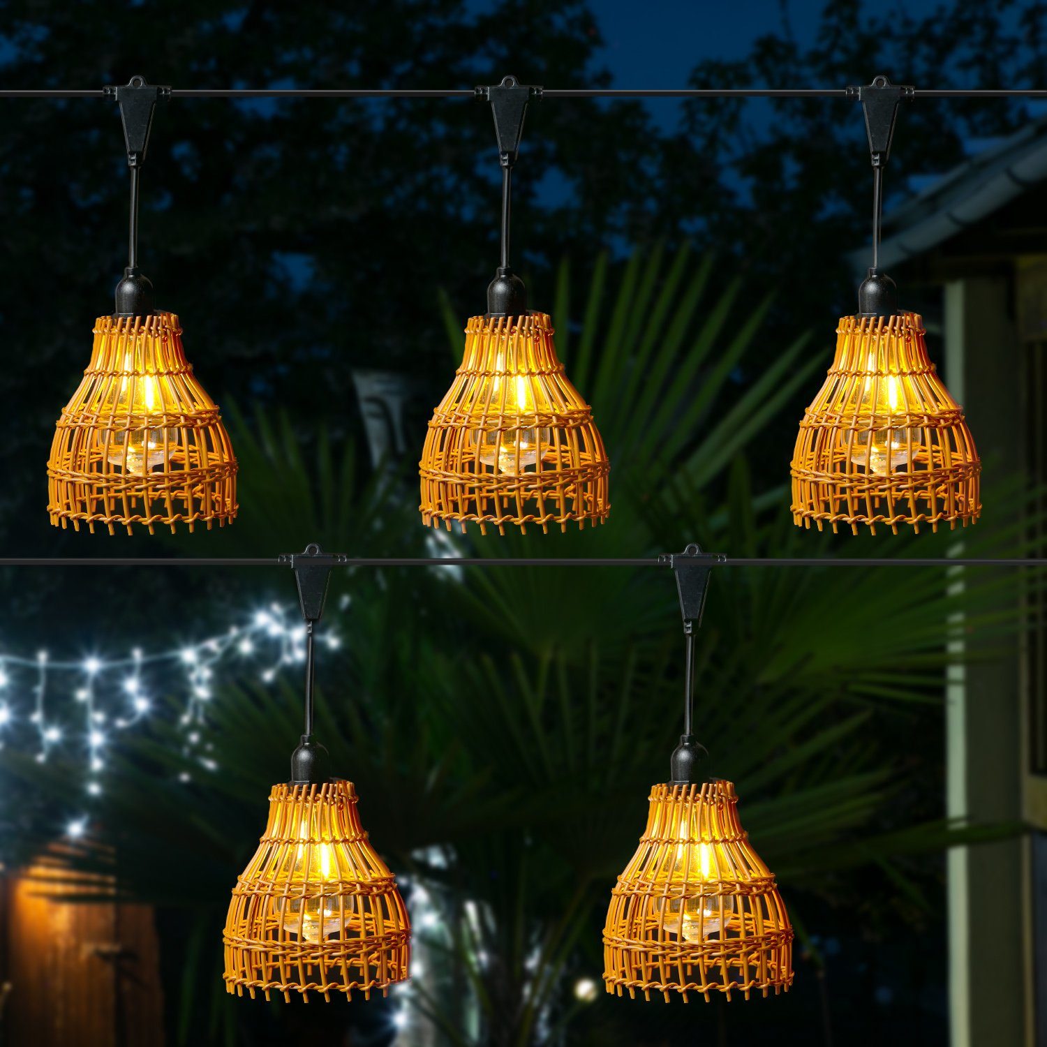 MARELIDA LED-Lichterkette LED Party Deko Lichterkette Boho Korboptik  Lampenschirme Garten Balkon koppelbar, 5-flammig