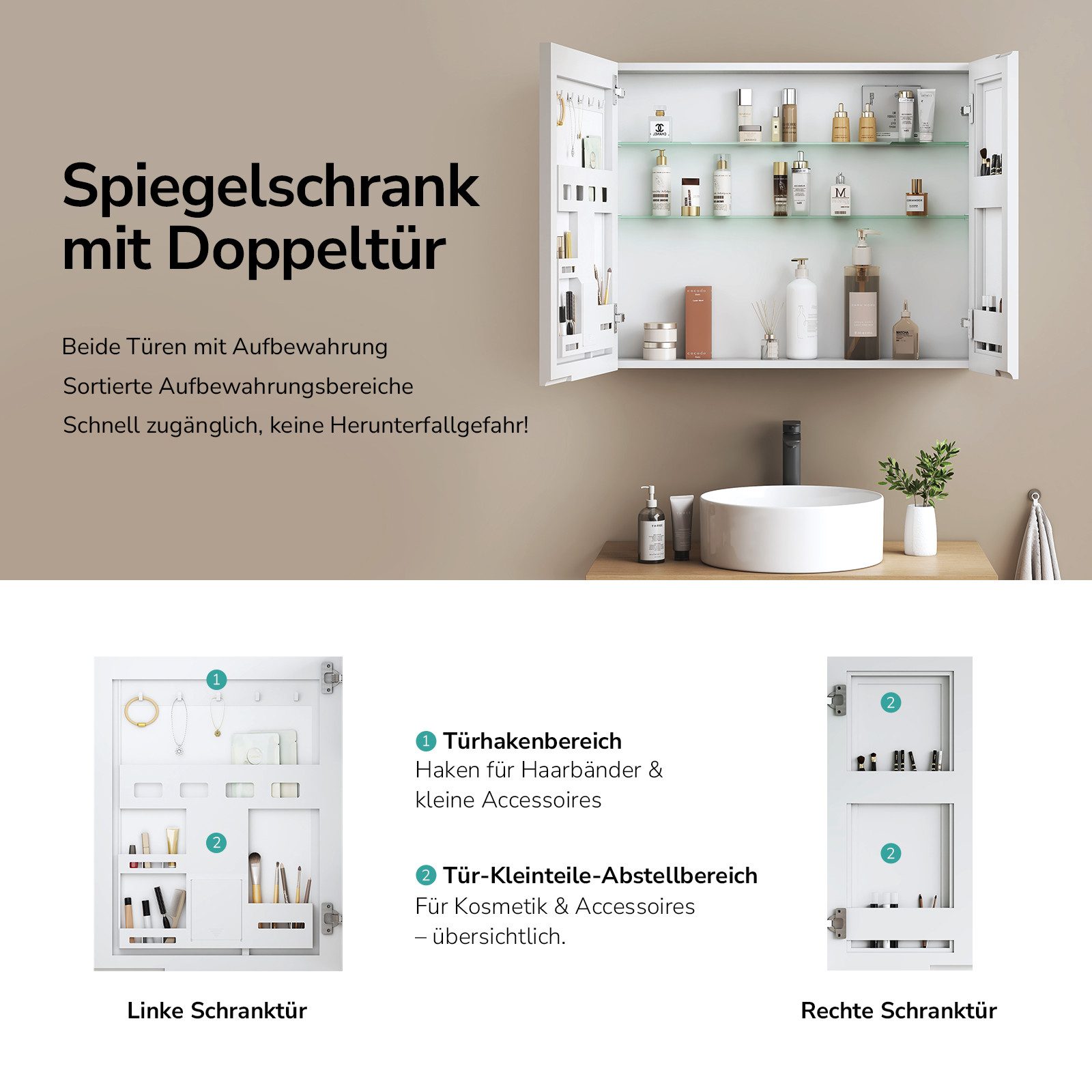 EMKE Spiegelschrank bad 75×65 /85×65cm 2-türig Badspiegelschrank Verstellbare Glasregale mit Stauraum und verstellbaren Regalen Badezimmerspiegelschrank