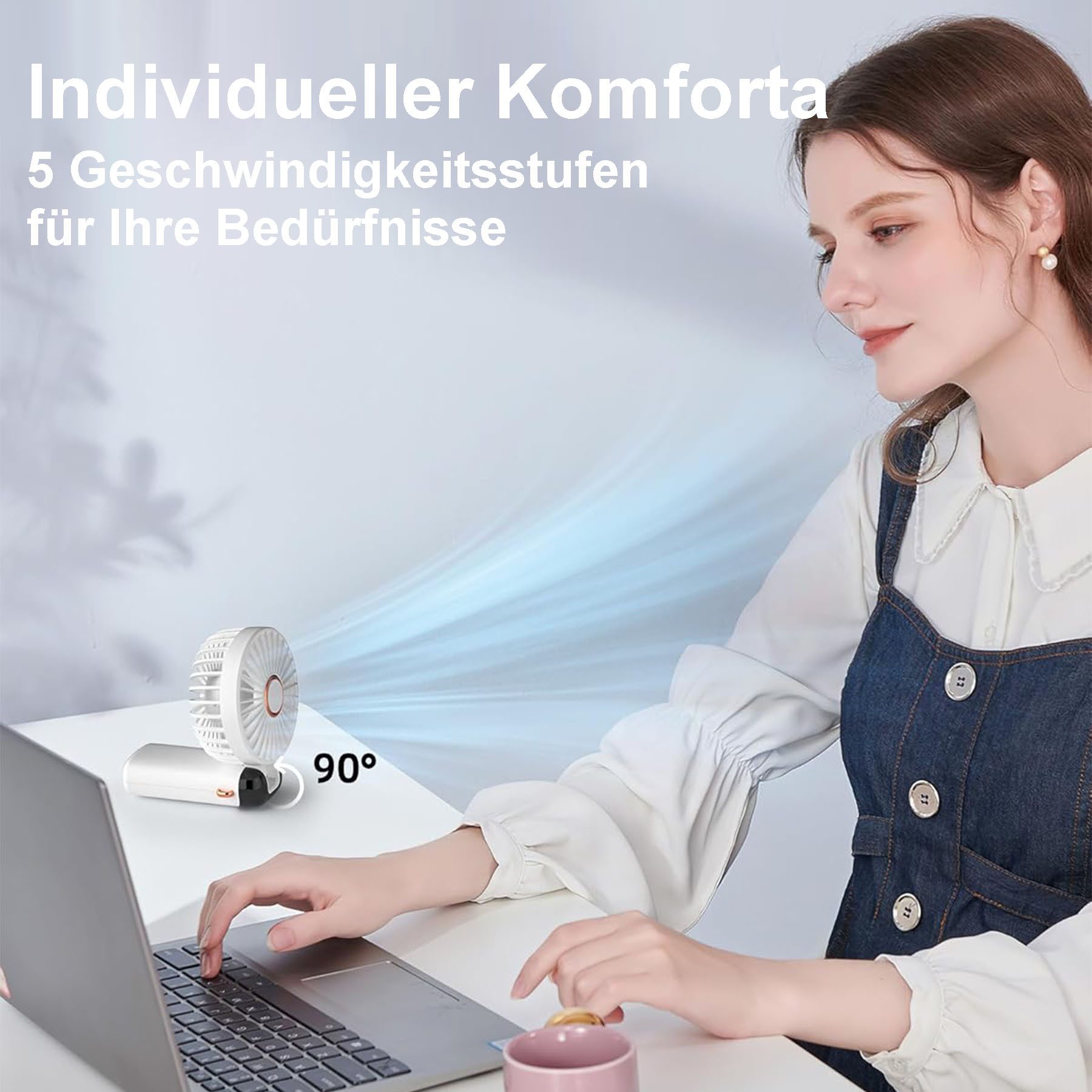 Senmudi Handventilator Tragbarer Mini-Ventilator,Mit 5 Geschwindigkeitsstufen,3-in-1 Faltbar, LED-Display,Wiederaufladbar,Mit Standfuß, Trageschlaufe und Ladekabel