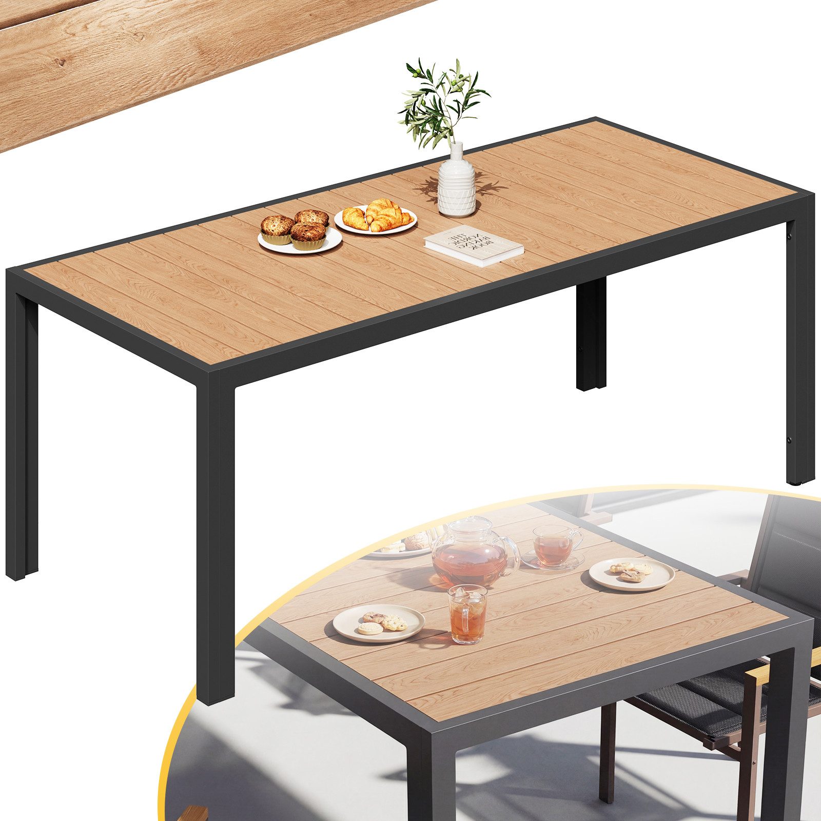 HOMALL Gartentisch Holzoptik Esszimmertisch 100kg Belastbarkeit, für 4-10 Personen (150/180cm Garten-Esstisch wetterfest Aluminiumrahmen Verstellbare Füße, für Außenbereich)