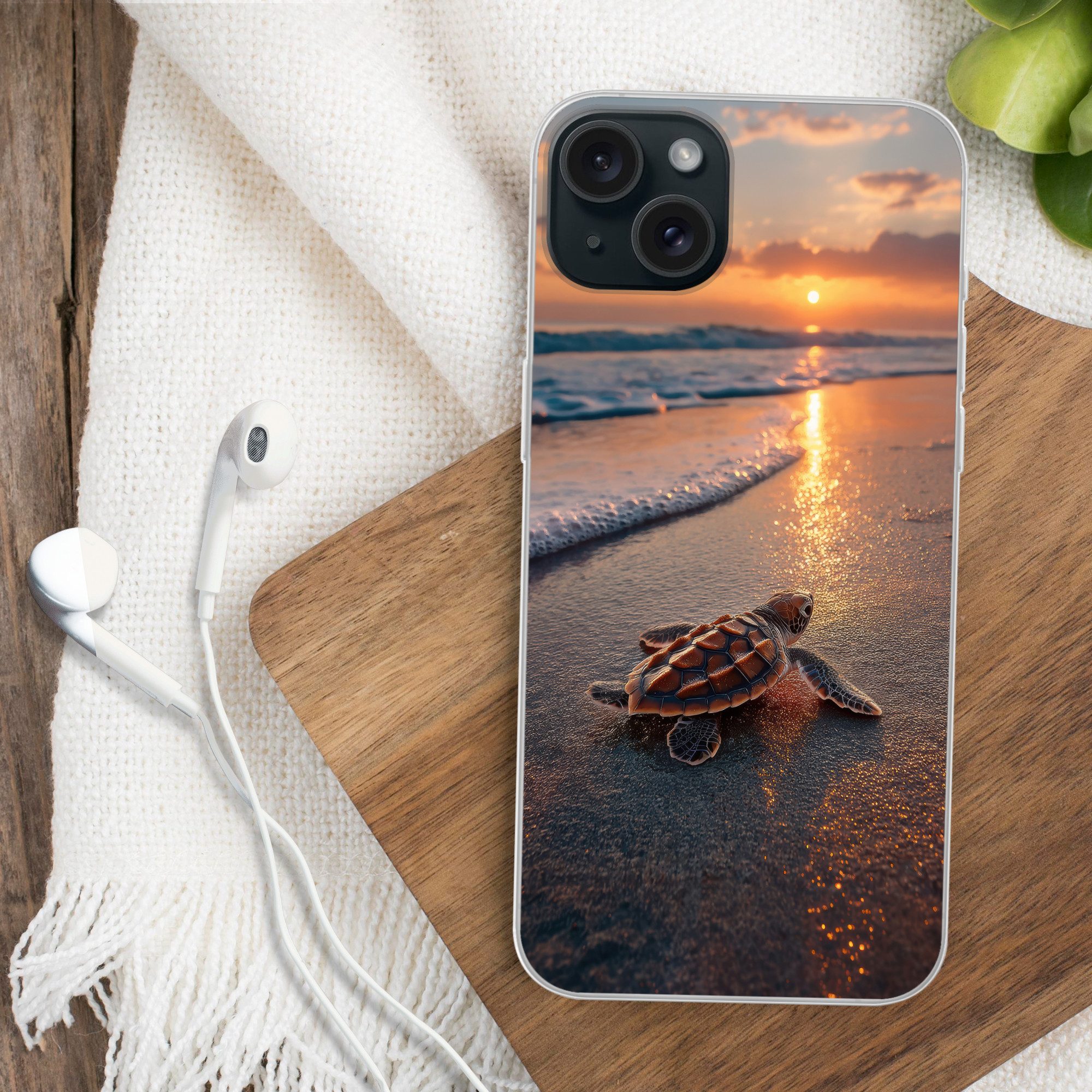 MuchoWow Handyhülle für Apple iPhone 15 Plus Schildkröte - Strand - Sonnenuntergang, Smartphone-Bumper, Print, Handy Schutzhülle Dünn