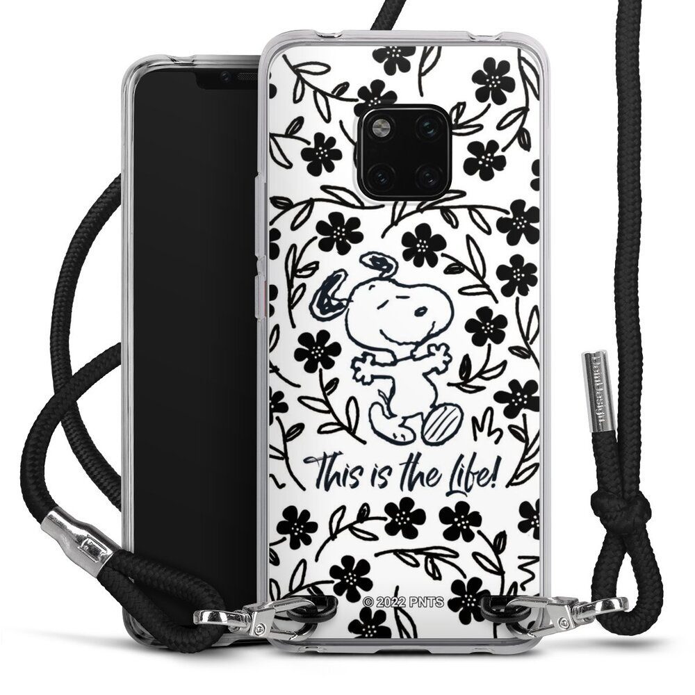 DeinDesign Handyhülle Peanuts Blumen Snoopy Snoopy Black and White This Is The Life, Huawei Mate 20 Pro Handykette Hülle mit Band Case zum Umhängen