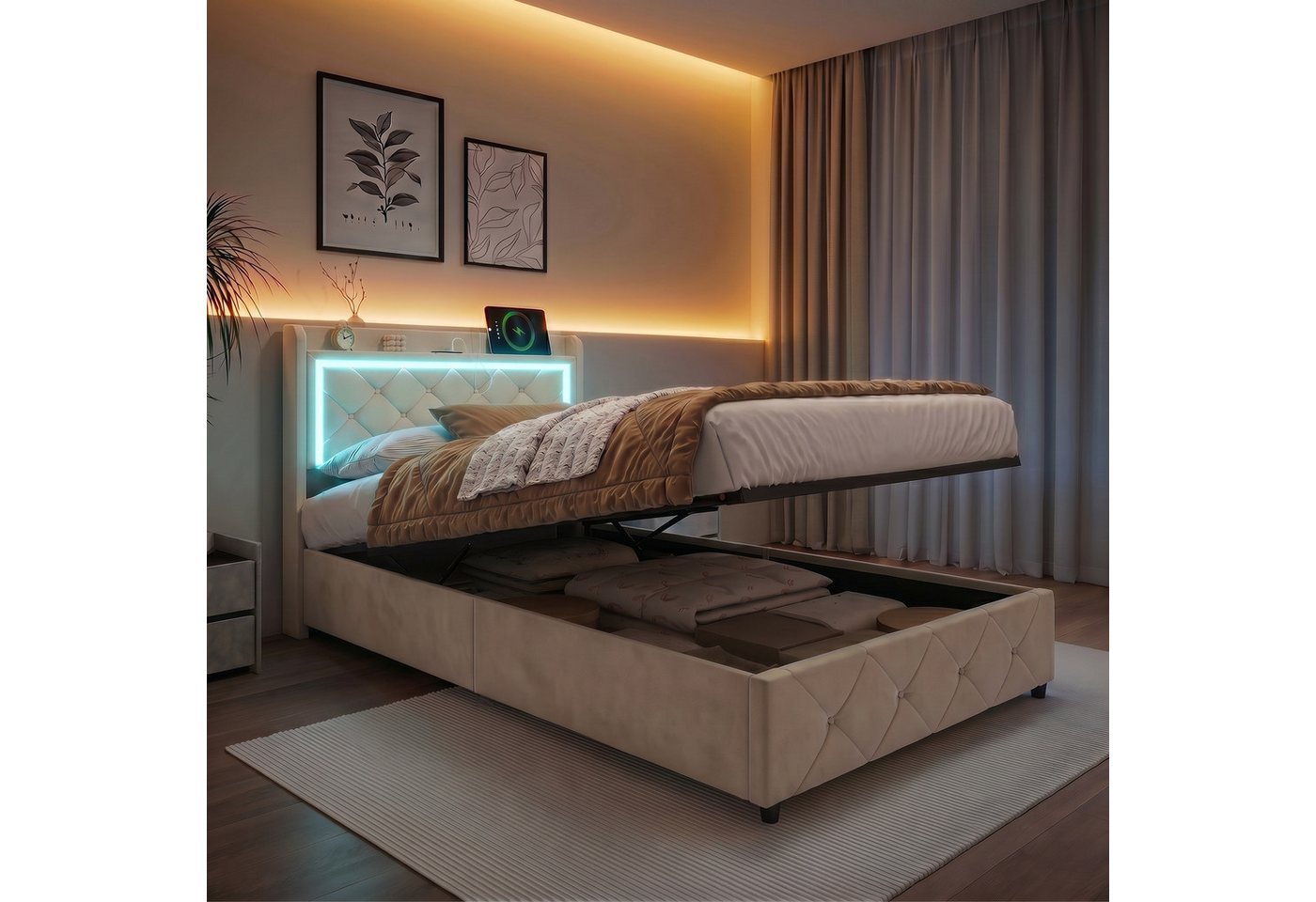 PXloue Polsterbett LED Einzelbett 90x200cm mit Ladefunktion und hydraulischem Stauraum, Geeignet für kleine Wohnungen (mit zusätzlichem Stauraum)
