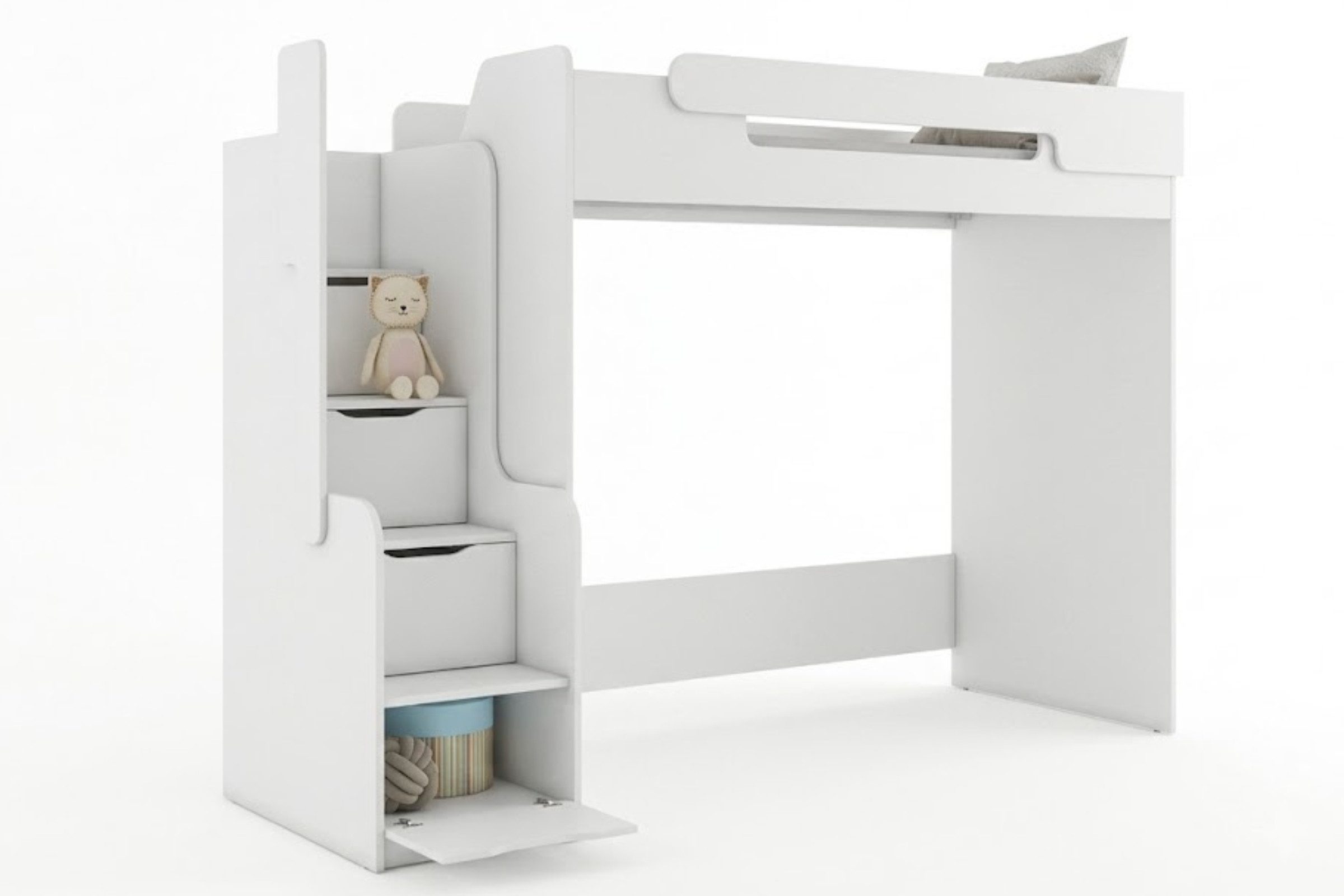 Deine Möbel 24 Hochbett ARTHUR Kinderbett mit Treppe und Stauraum, 90x200 cm (Set, 1-St., Multifunktionsbett, ideal für Kinderzimmer & Jugendzimmer) mit Schrankbereich und Lattenrost, Weiß mit Akzentfarbe