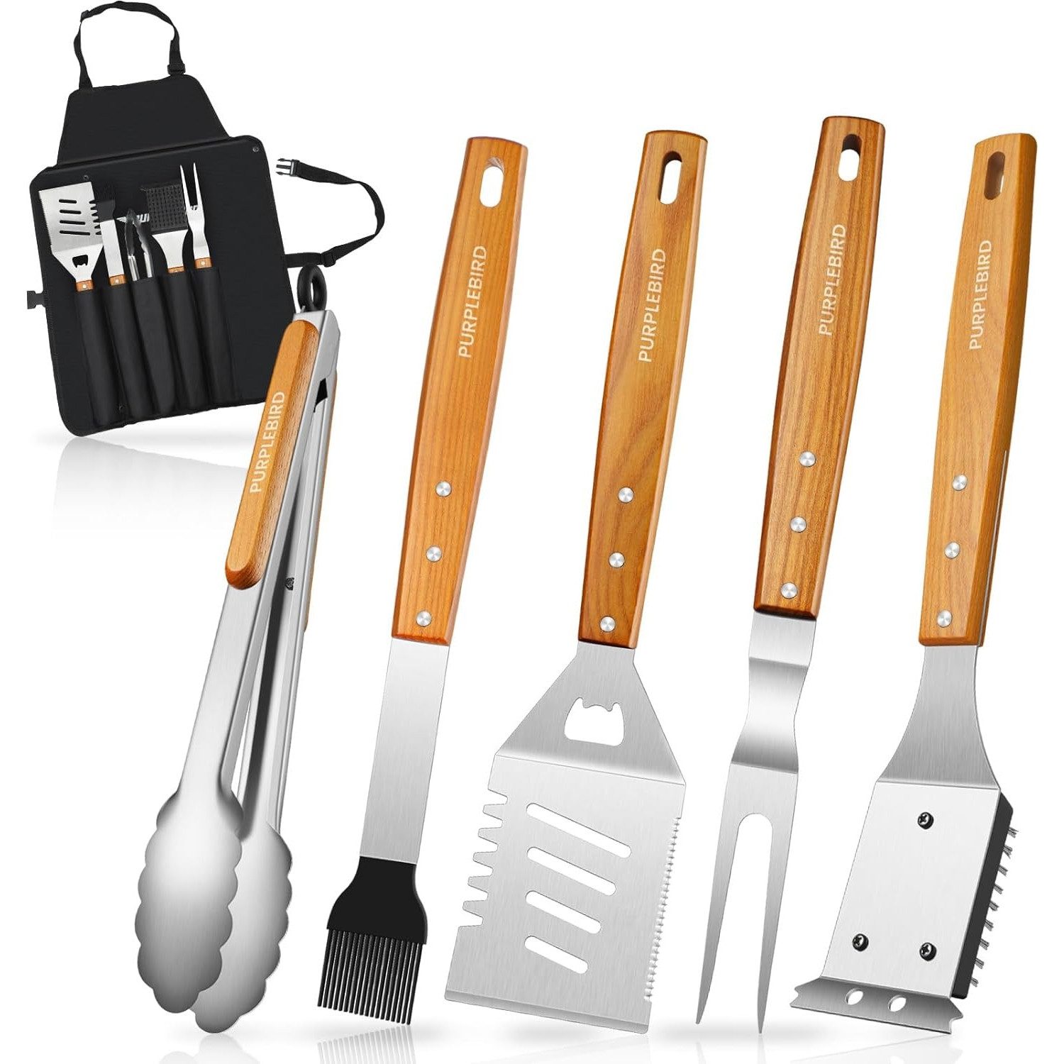 Grillbesteck-Set KraftGriller Premium Grillbesteck Set 5-TLG aus Edelstahl Holzgriff