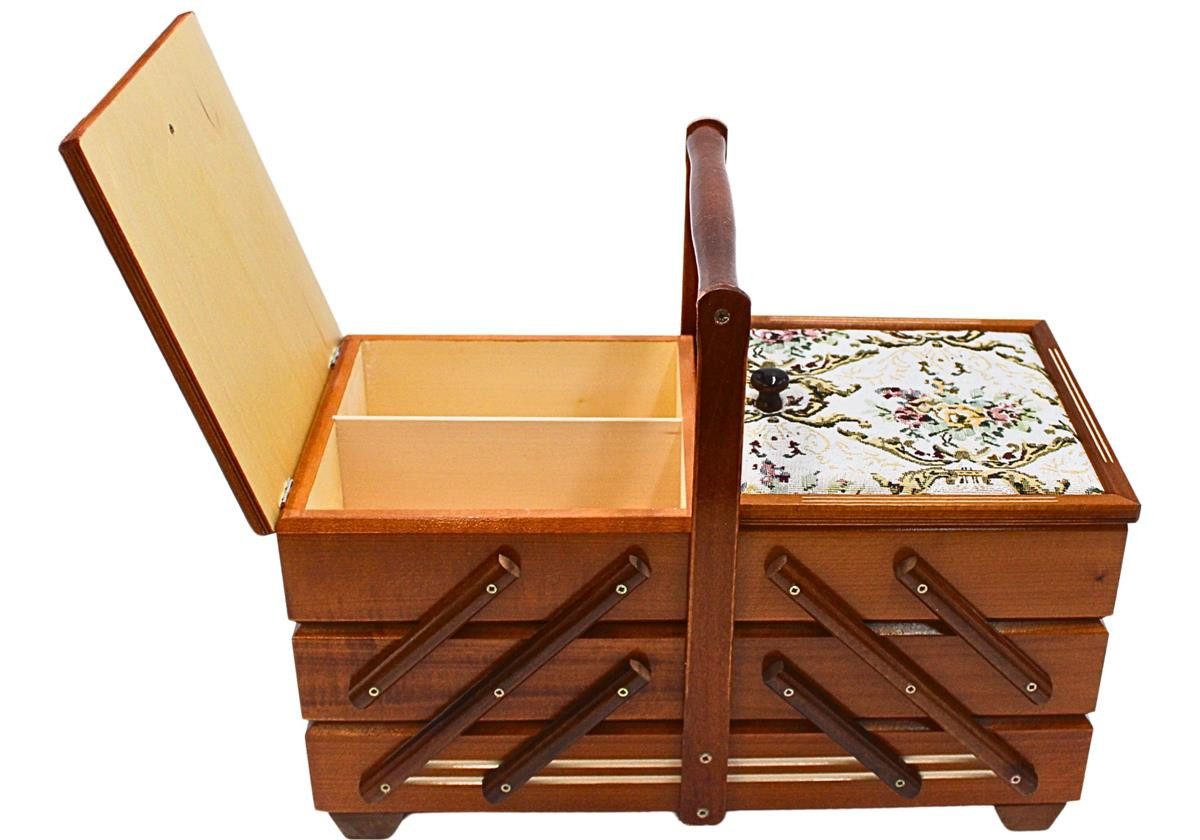 Dekohelden24 Nähkorb Hochwertiger Nähkasten, Nähkästchen aus Furnierholz mit 7 Fächern und (1 St), und Stoffbezug Rosenmotiv in Mahagoni, L/B/H 42 x 20 x 21 cm  – Bild 3 von 5