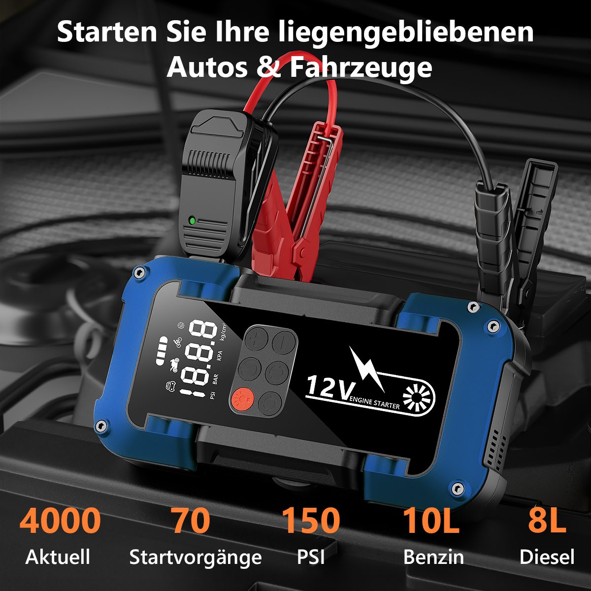 AeroAxis 26800 mAh Starthilfe Powerbank 4000A 150PSI Kompressor Starthilfegerät Starthilfegerät Für Bis Zu 10,0L Benzin oder 8,0L Diesel 26800 mAh, Auto Starthilfe LED-Taschenlampe, großen Bildschirm, Jumper Bildschirm