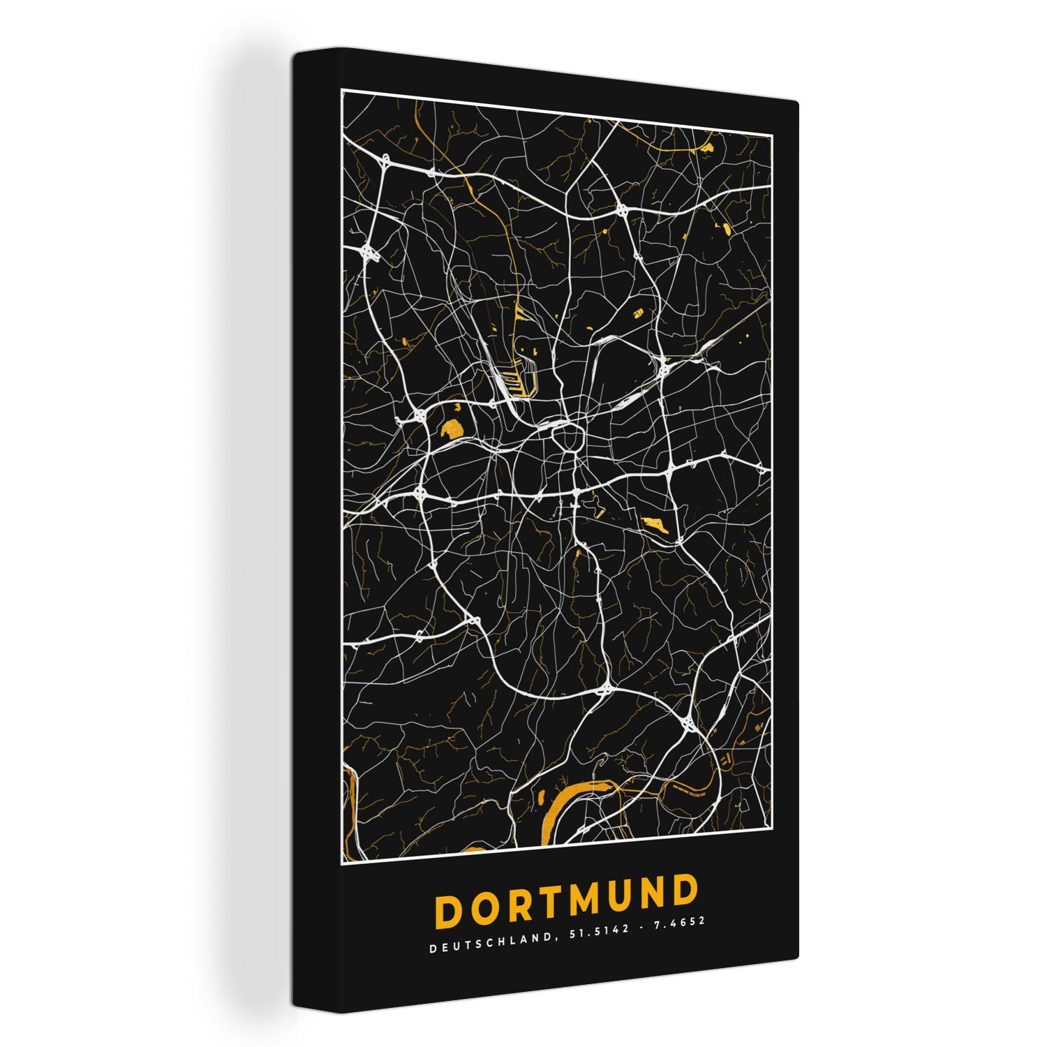 OneMillionCanvasses® Leinwandbild Dortmund - Gold - Deutschland - Karte - Stadtplan, (1 St), Leinwandbild fertig bespannt inkl. Zackenaufhänger, Gemälde, 20x30 cm