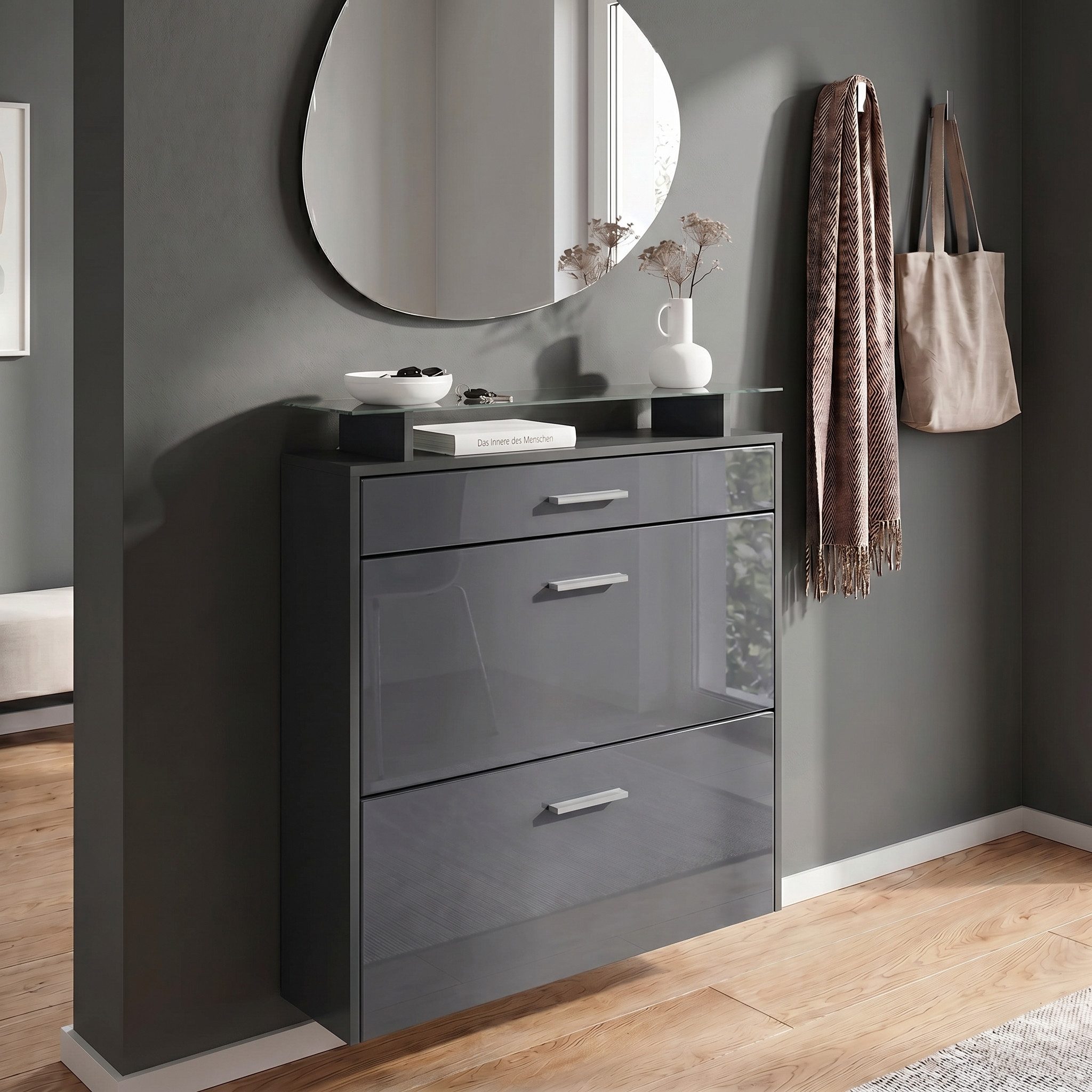 Vladon Schuhschrank Malea (hängender Schuhkipper für 16 Paar Schuhe, mit 2 Klappen und 1 Schublade und Glasablage) Anthrazit matt/Grau Hochglanz (89 x 96 x 23 cm)
