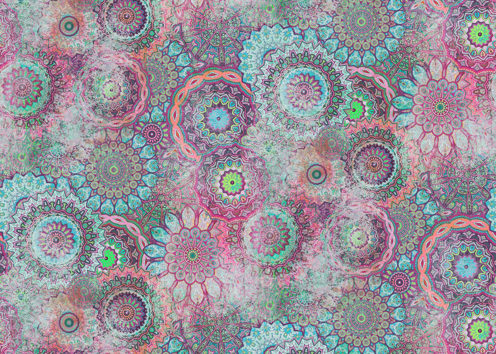 Rasch Fototapete Boho Ethno Hippie Vintage Kreise - Vliestapete Pink, bedruckt, Vintage-Optik, (1 Rolle, 1 St., Kollektion 'Magicwalls' - 2,65 m x 3,71 m), Lichtbeständige Farben - Feucht abwischbar - Restlost abziehbar