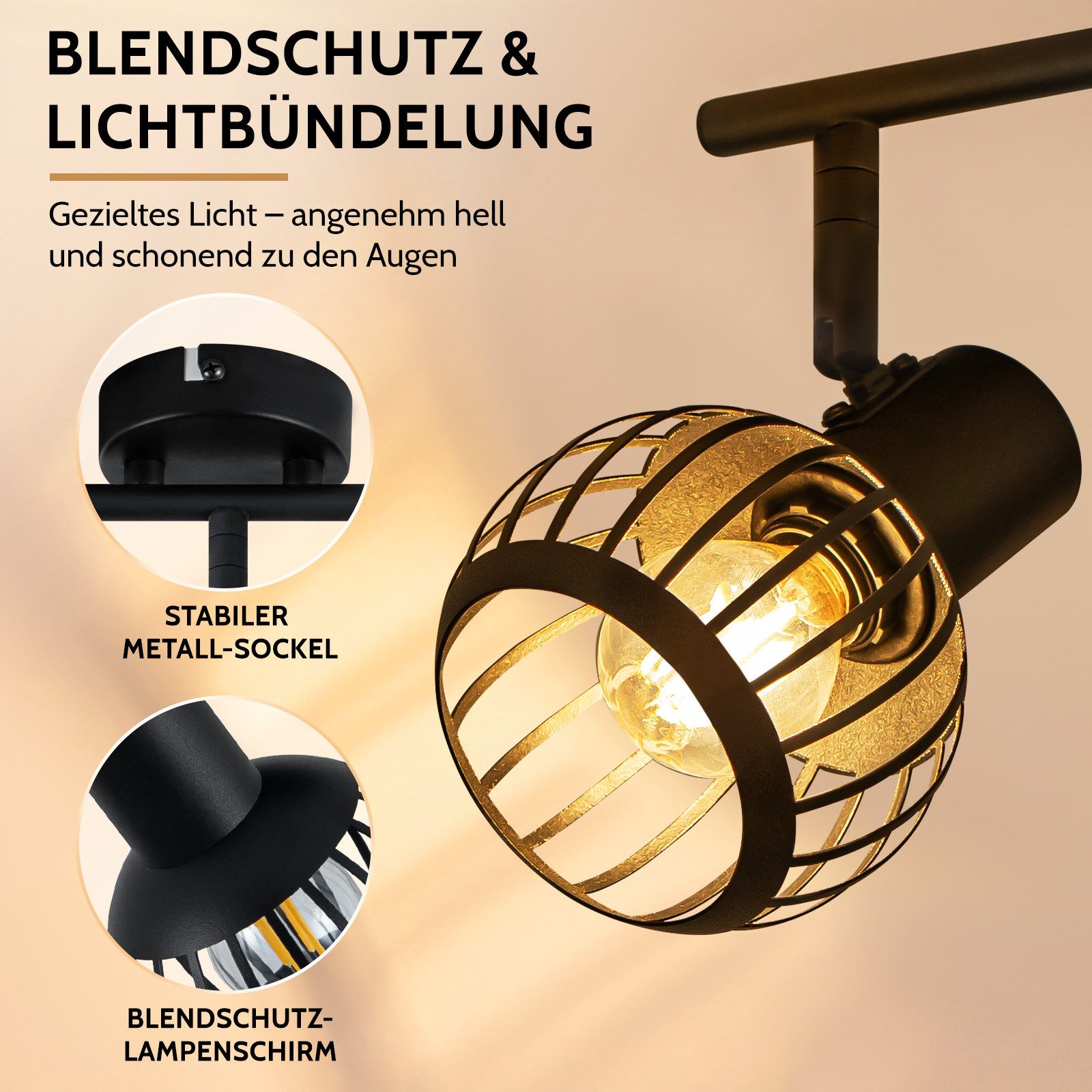 Nettlife Deckenstrahler 1/2/3flammig Schwarz Retro E14 Wandlampe Industrie Deckenspot, ohne Leuchtmittel, Käfiglampe aus Metall Wandspot für Schlafzimmer Flur – Bild 5 von 5