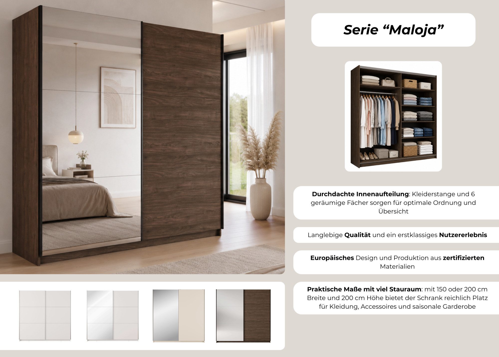 Home affaire Kleiderschrank MALOJA modern mit viel Stauraum, Fächer & Kleiderstange, Breite 200 cm Garderobe mit 2 Schiebetüren, mit Spiegel, erhältlich in 2 Farben