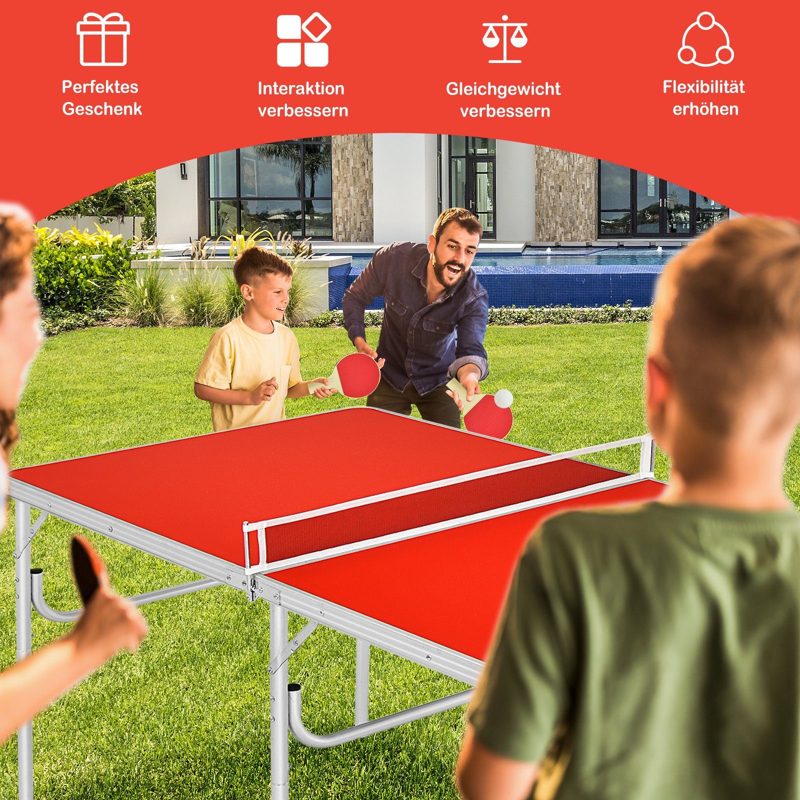 Sport Spieltische COSTWAY Tischtennisplatte Tischtennistisch, Campingtisch, klappbar, mit 2 Schlägern & 2 Bällen & Griff & Netz,