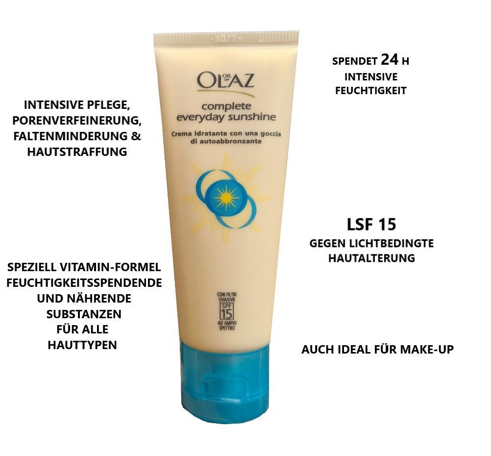 OLAZ Selbstbräunungscreme Total Complete Everyday Sunshine 40ml Gesicht Selbstbräunungscreme, und Make up für natürliche & fleckenfreie Bräune, straffung, jüngeres Aussehen, Anti Falten Hautcreme Naturkosmetik Anti-Aging Tagescreme mit Vitamin E Beauty, 1-tlg., Feuchtigkeitscreme für Frauen Pflege & Schutz von Unreiner, Haut Creme für alle Hauttypen Feuchtigkeitspflege Hautcreme