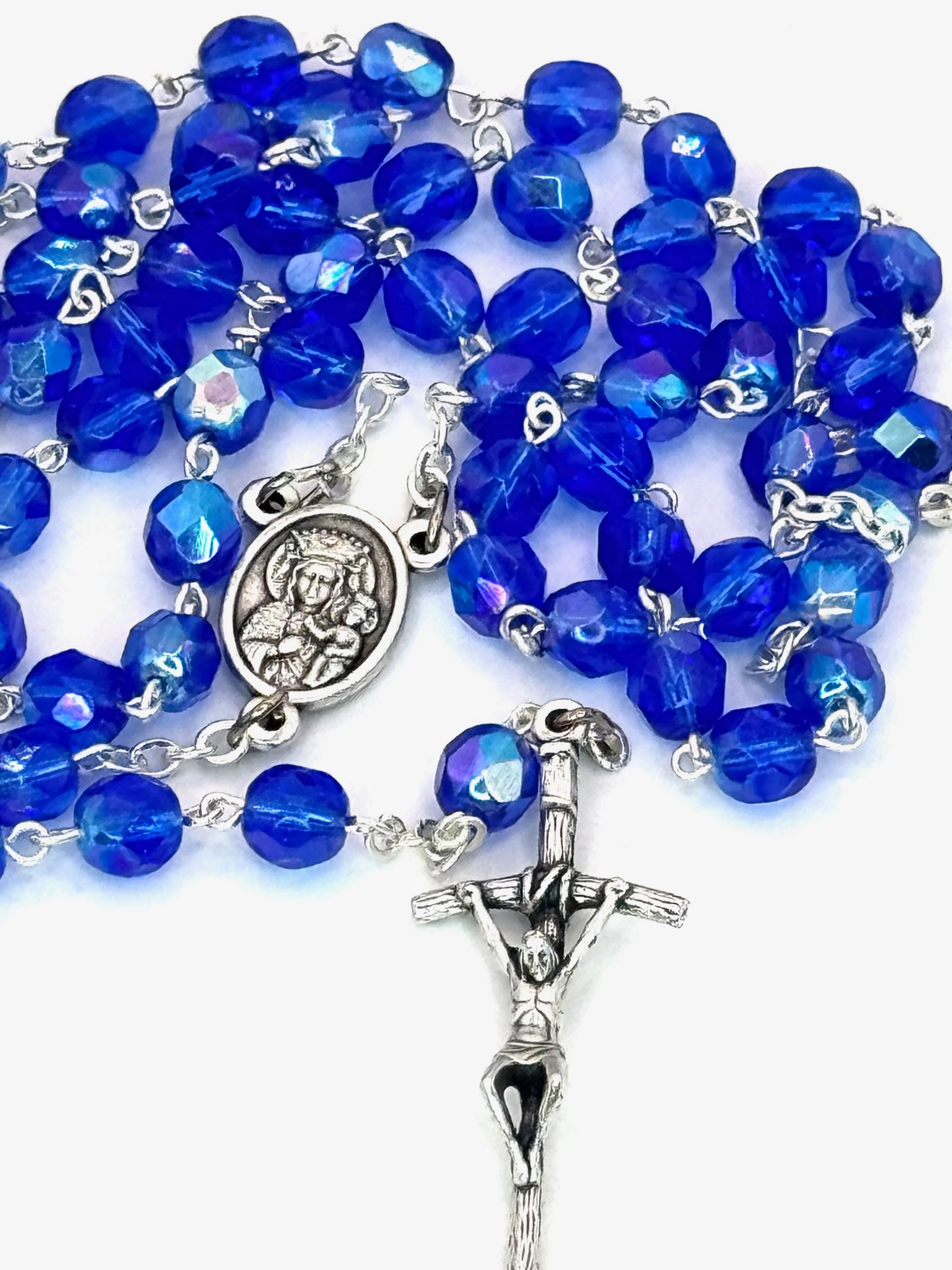 Kommunionskarte Handgemachter blauer Kristallrosenkranz + Gratisbox – italienische