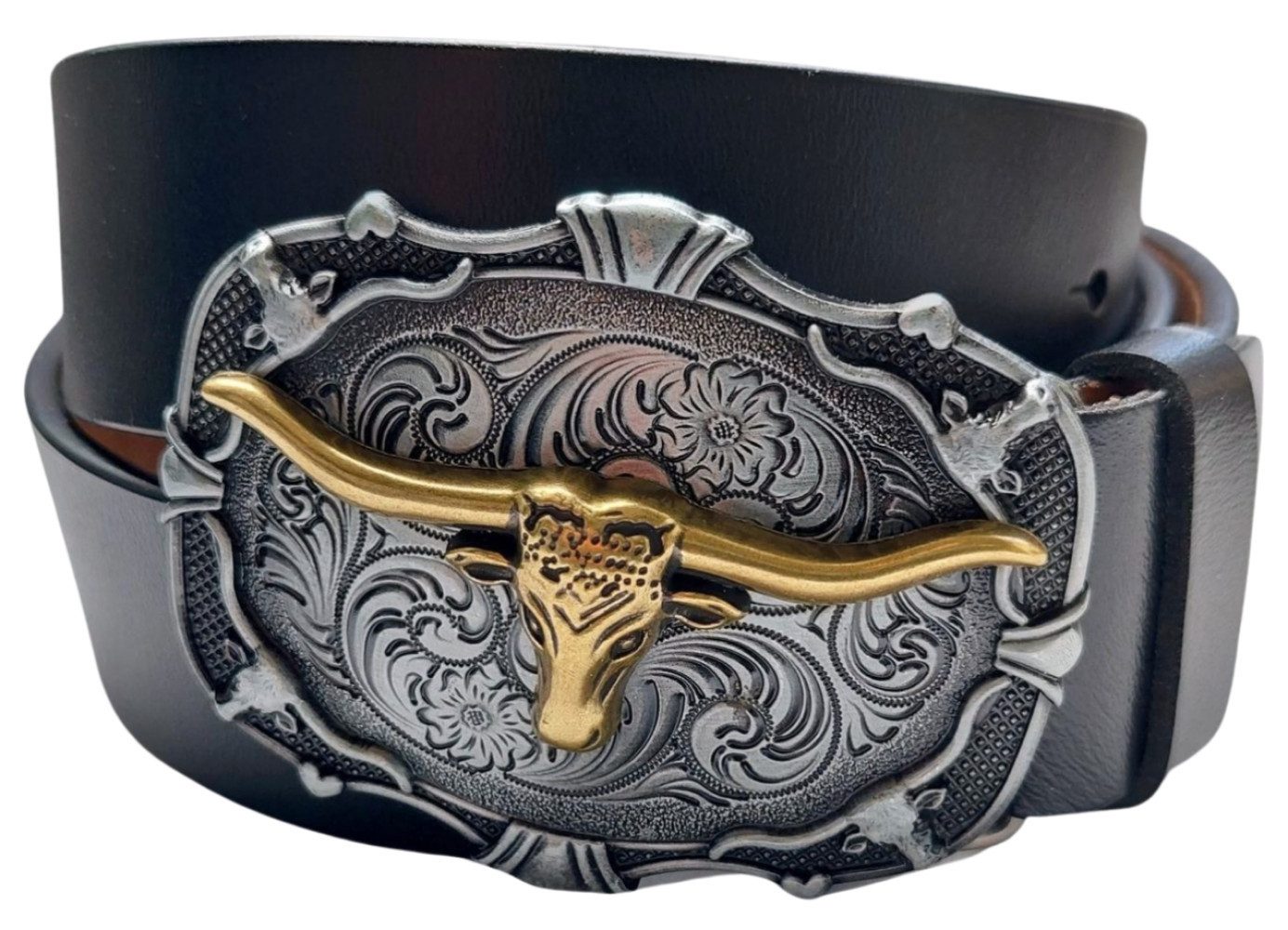 Ware aus aller Welt Ledergürtel Wechselgürtel Gürtel mit Wild West Gürtelschnalle Longhorn Buckle