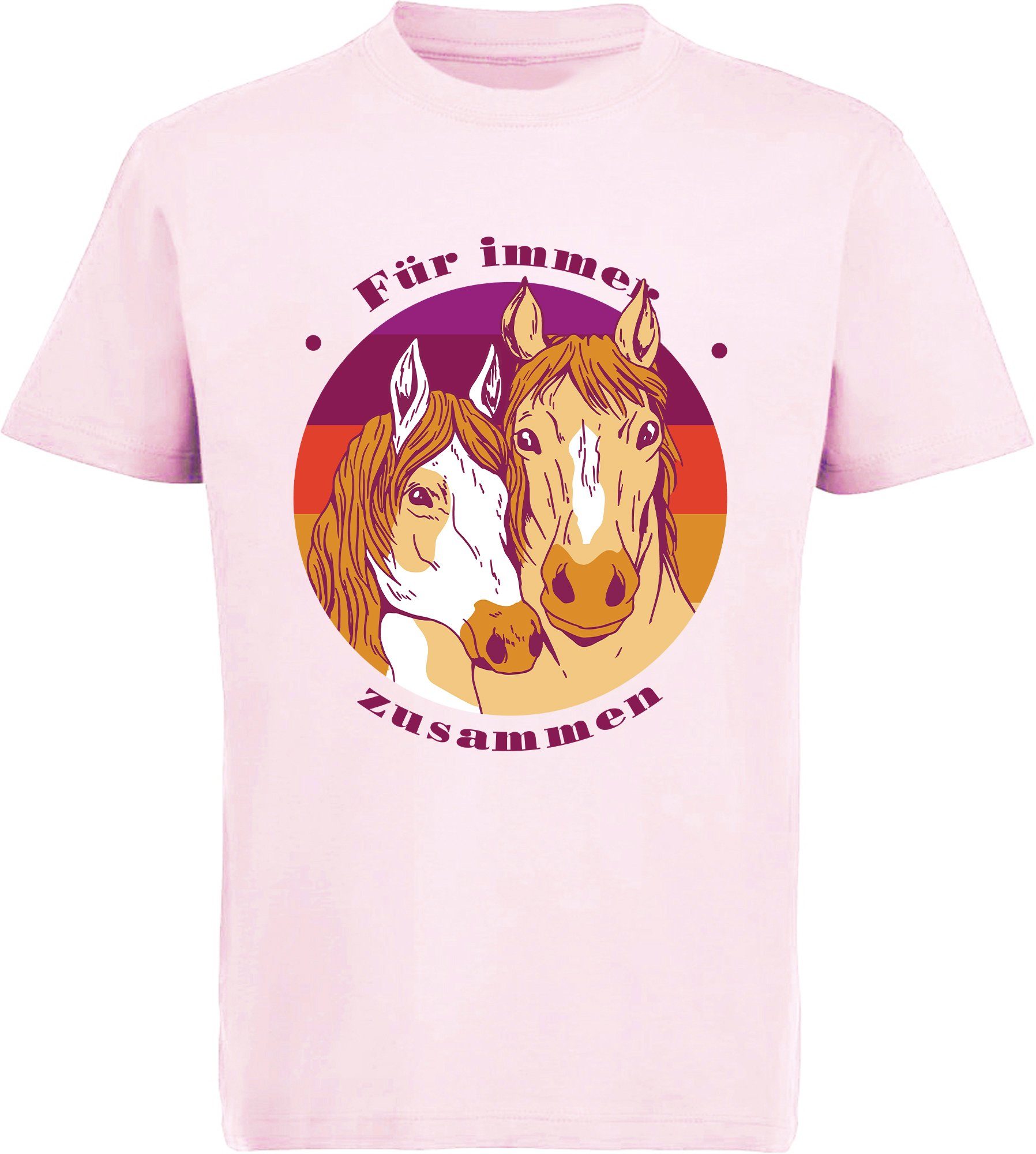 bedrucktes Mädchen i148 Baumwollshirt Aufdruck, mit zwei rosa Pferdeköpfe Print-Shirt MyDesign24 T-Shirt
