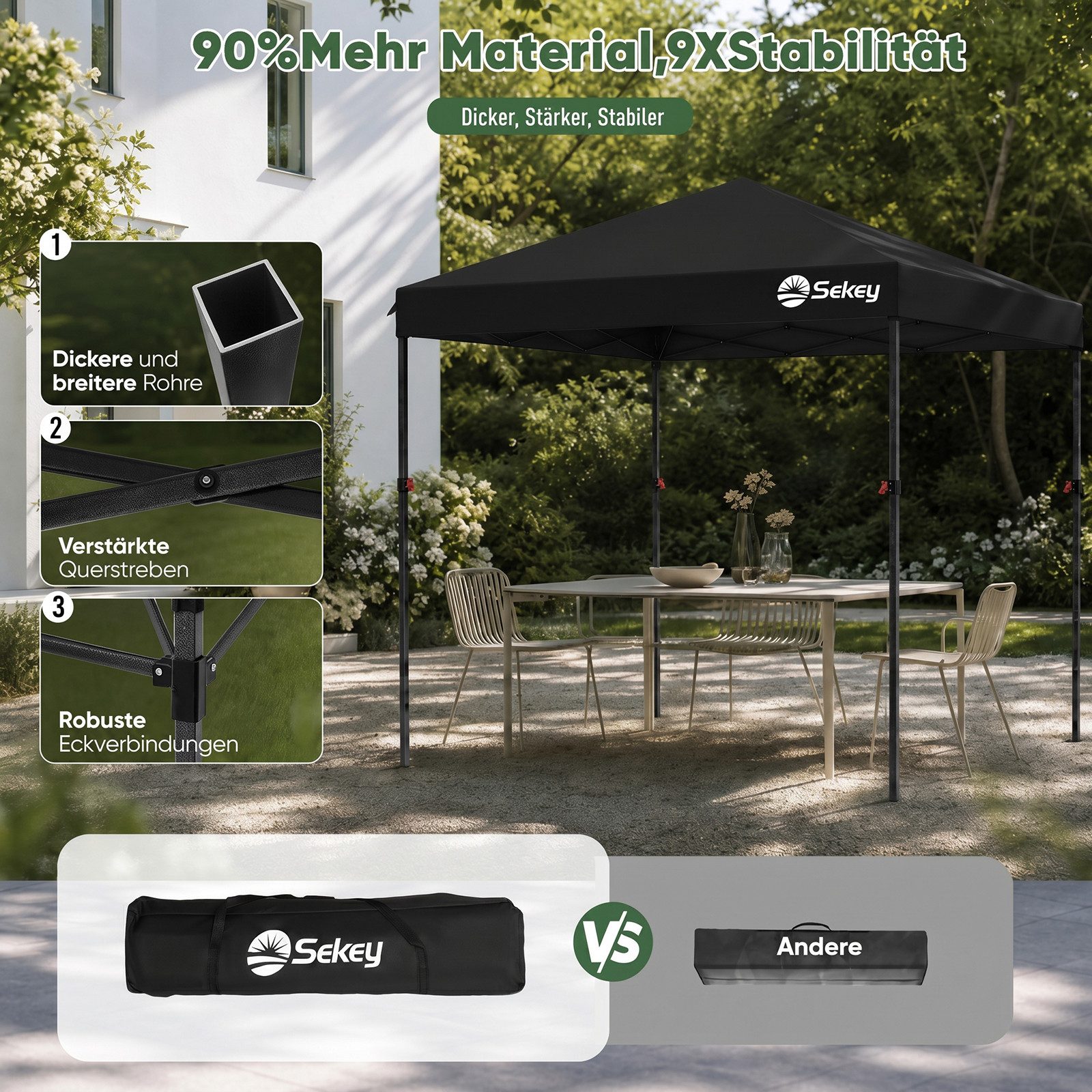 Sekey Faltpavillon 2x2/3x3/3x6 m, Gartenpavillon mit 4 Seitenteilen Partyzelt Wasserdicht, mit 4 Seitenteilen, Gartenpavillon 3 x 3 winterfest, Pavillon Pop Up  – Bild 4 von 5