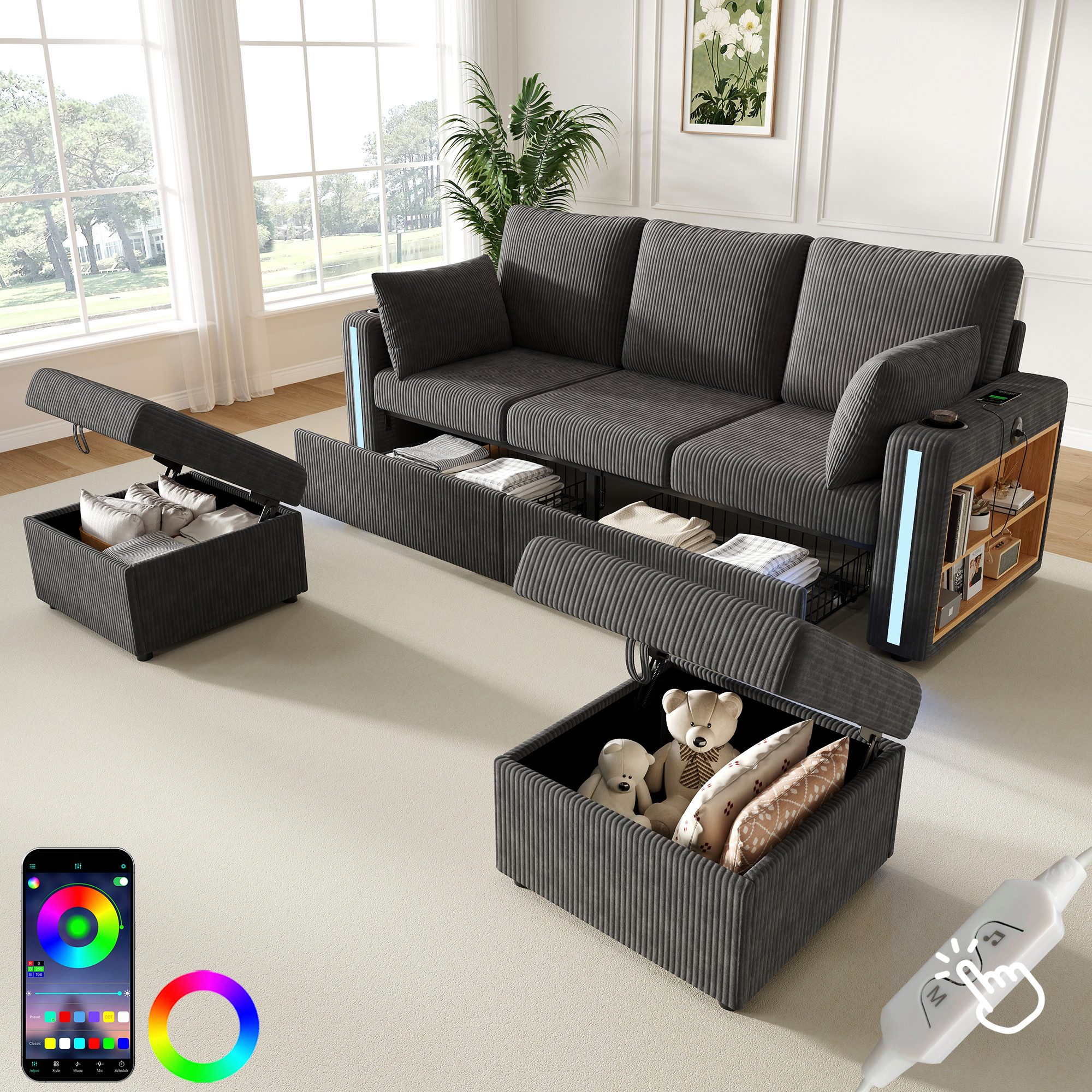 i@home Ecksofa Modulares U/L-Form Sofa, mit 2 Hockern mit Stauraum, LED per App&Fernbedienung, Getränkehalter, USB/Type-C, Armlehnen Regal