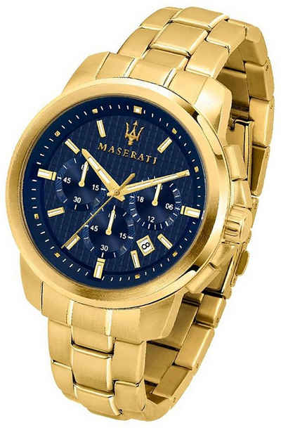 MASERATI Chronograph Maserati Edelstahl Armband-Uhr, Herrenuhr Edelstahlarmband, rundes Gehäuse, groß (ca. 44mm) blau