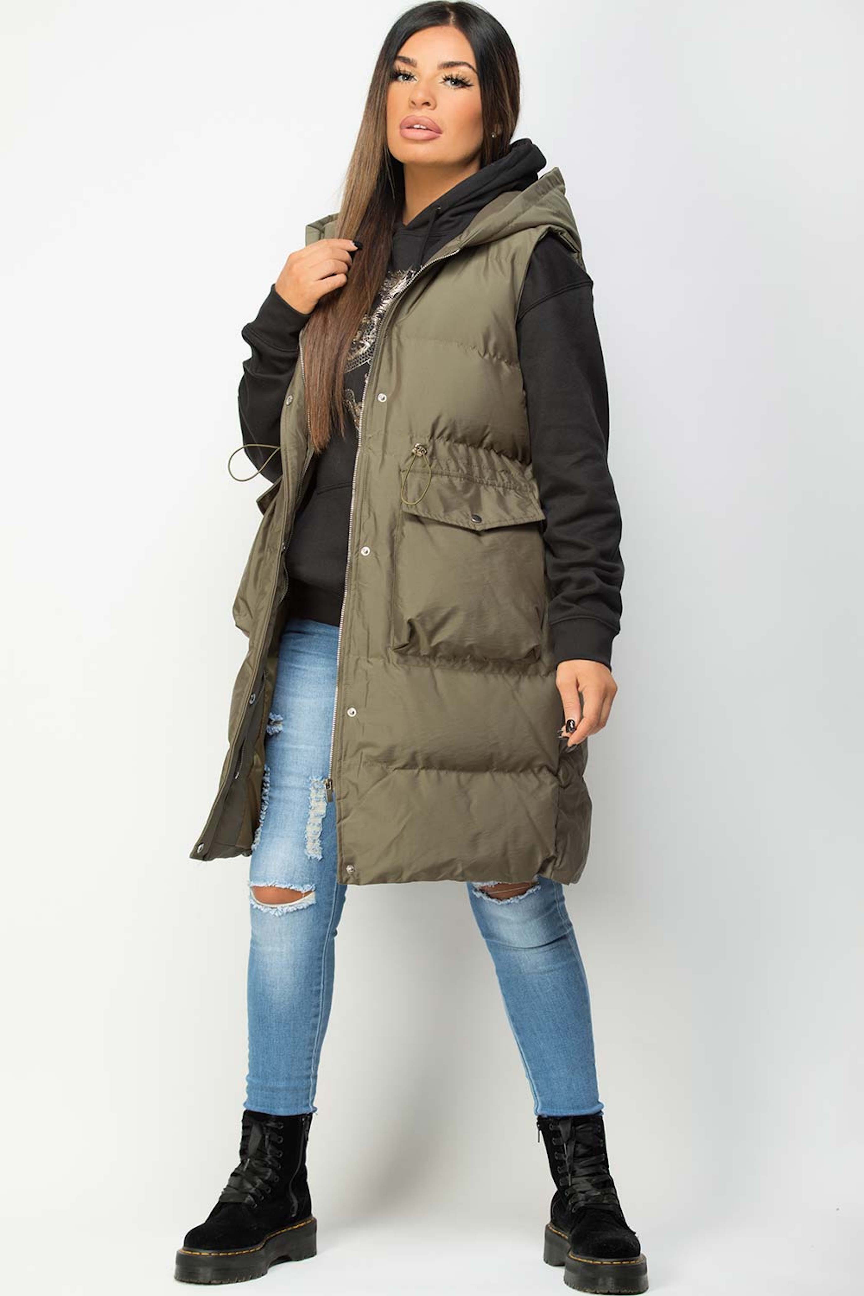 Worldclassca DAMEN MIT Worldclassca NEU WESTE ÄRMELLOS WARM STEPPWESTE Khaki KAPUZE WASSERABWEISEND S-XL ÜBERGANGSJACKE LANG OUTDOOR GESTEPPT JACKE Longweste