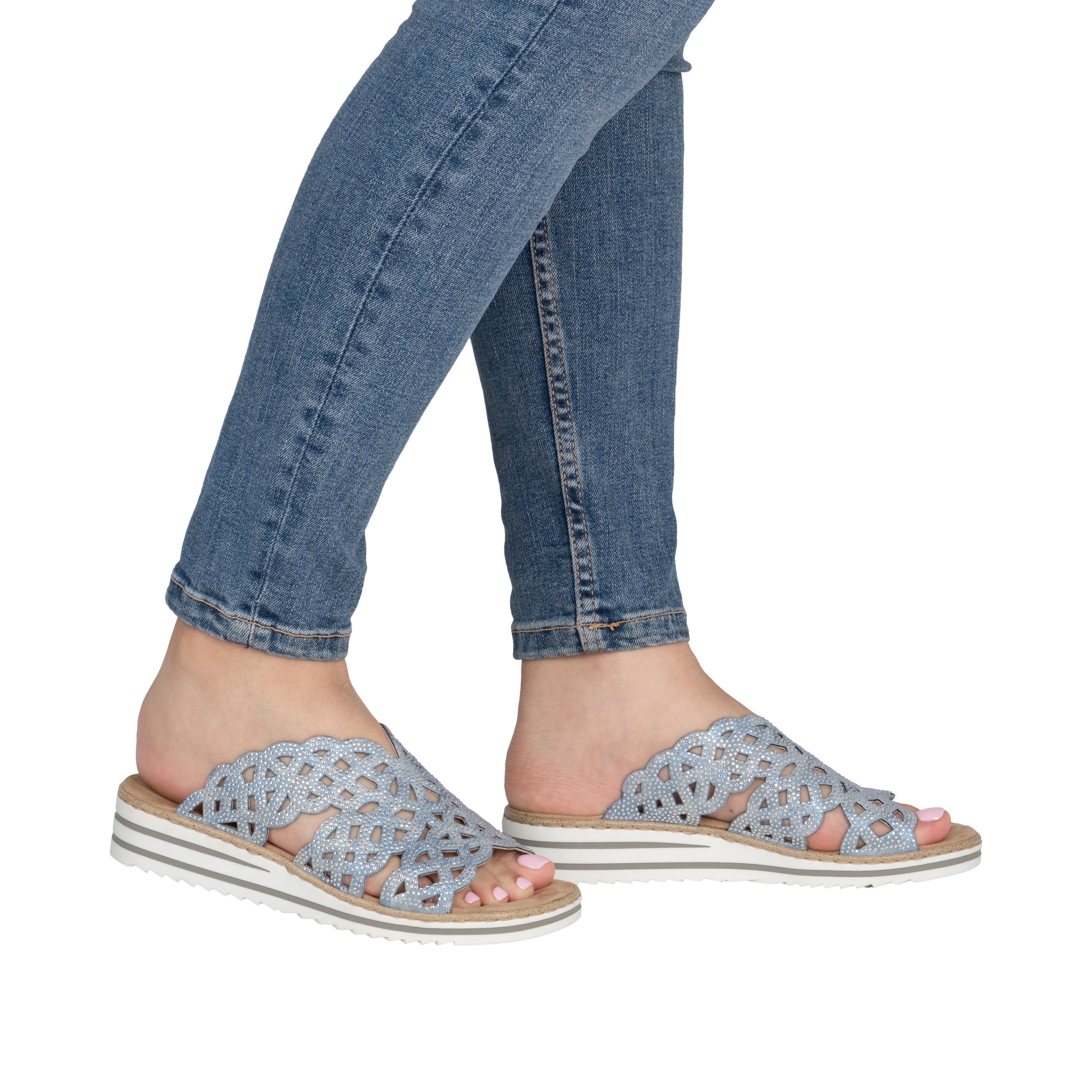 Rieker Pantolette Sommerschuh, Strandschuh, Hausschuh, Keilabsatz, mit Strass-Steinchen